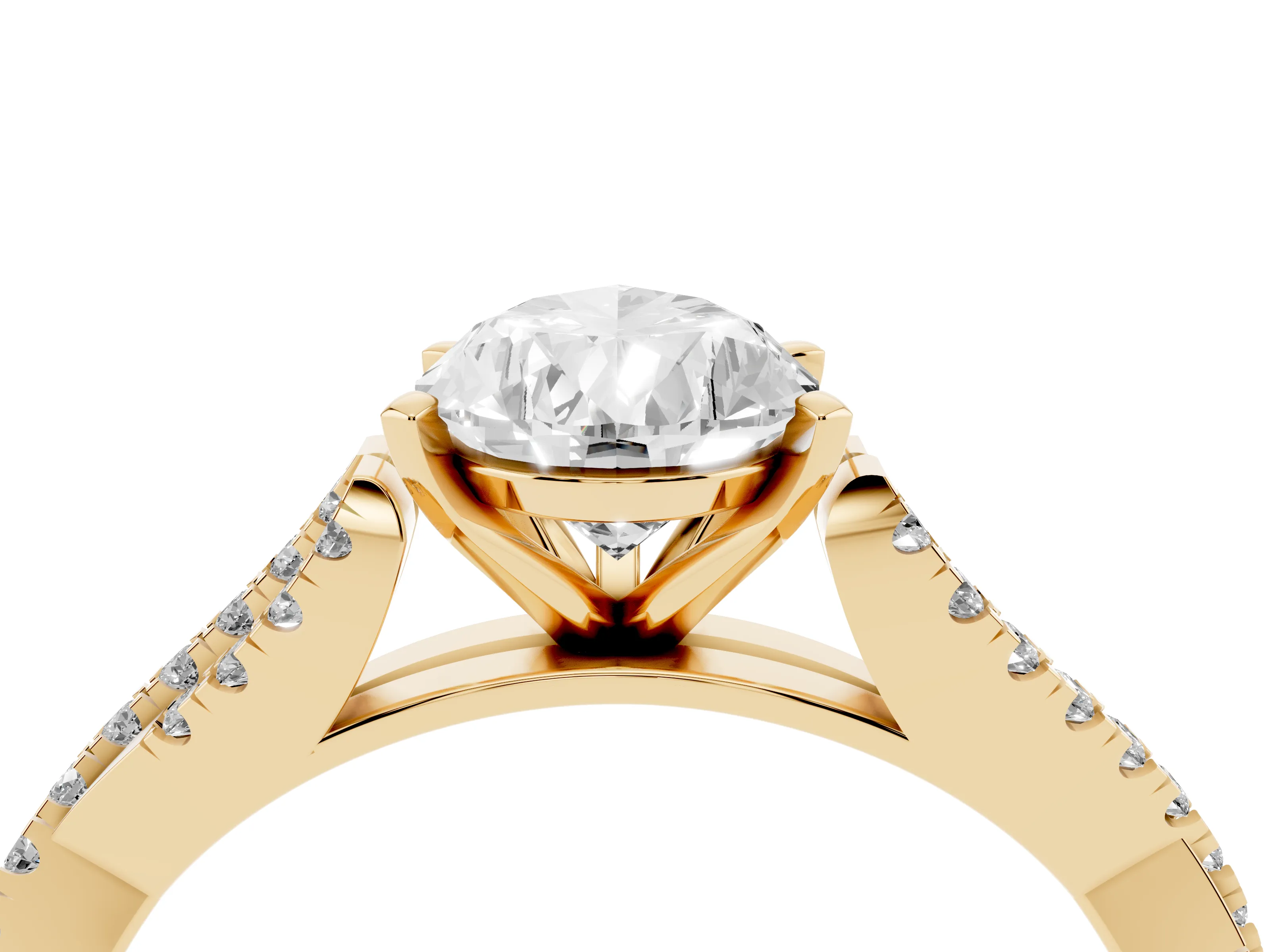 Pear Cut Diamond Solitaire Engagement Ring Set in Yellow gold with Twisted Pavé Band and Prong Setting