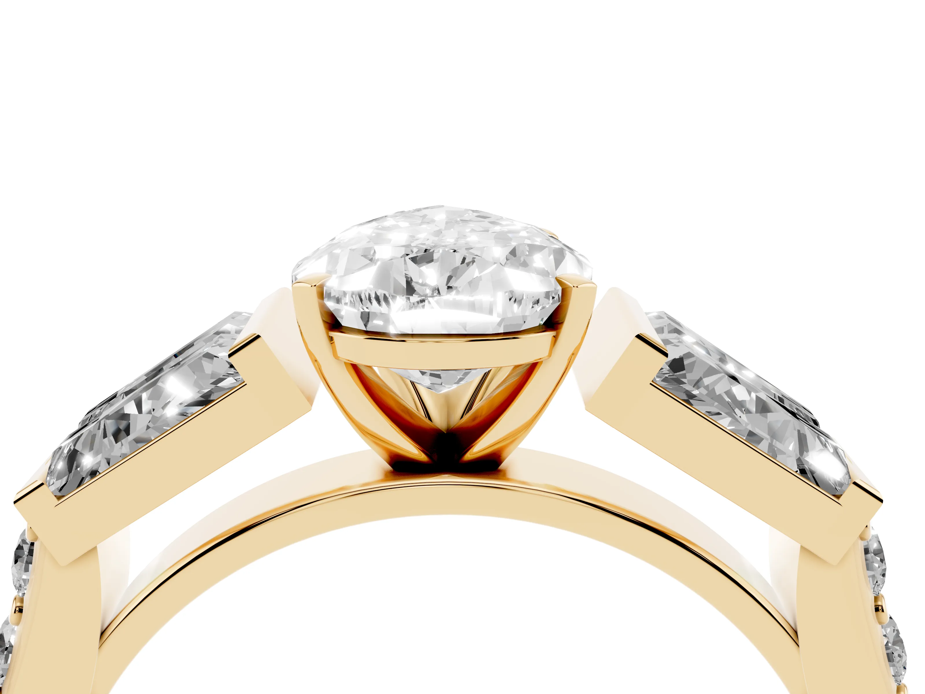Pear Cut Diamond Engagement Ring Set in Yellow gold with Baguette Side Stones and Channel Set Band