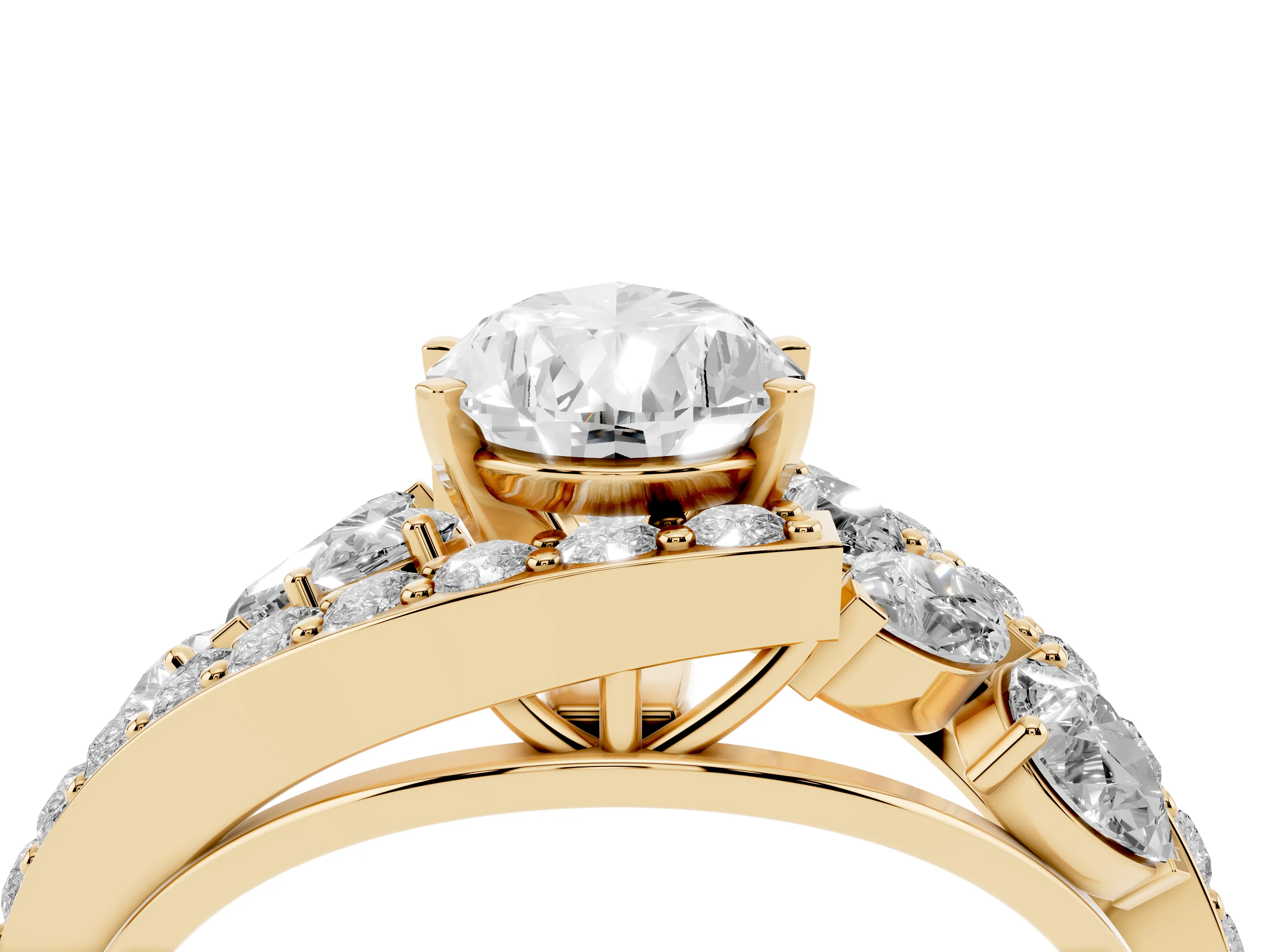Pear Cut Diamond Halo Ring Set in Yellow gold with Marquise and Pavé Band in Prong Setting