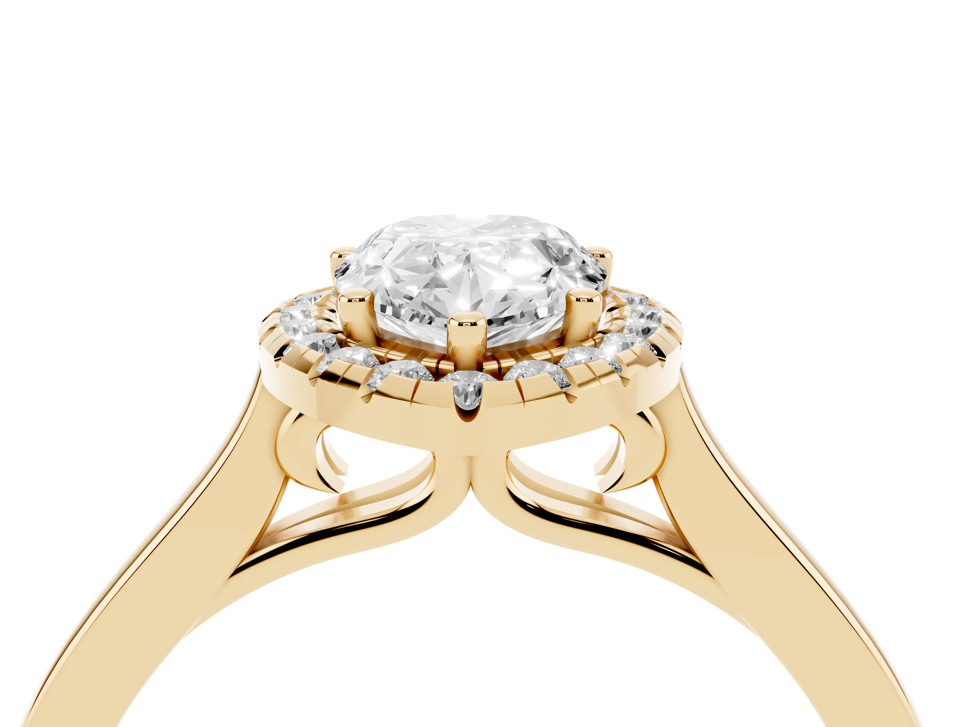 Pear Cut Halo Round Diamond Solitaire Ring Set in Yellow gold with Pavé Band and Prong Setting
