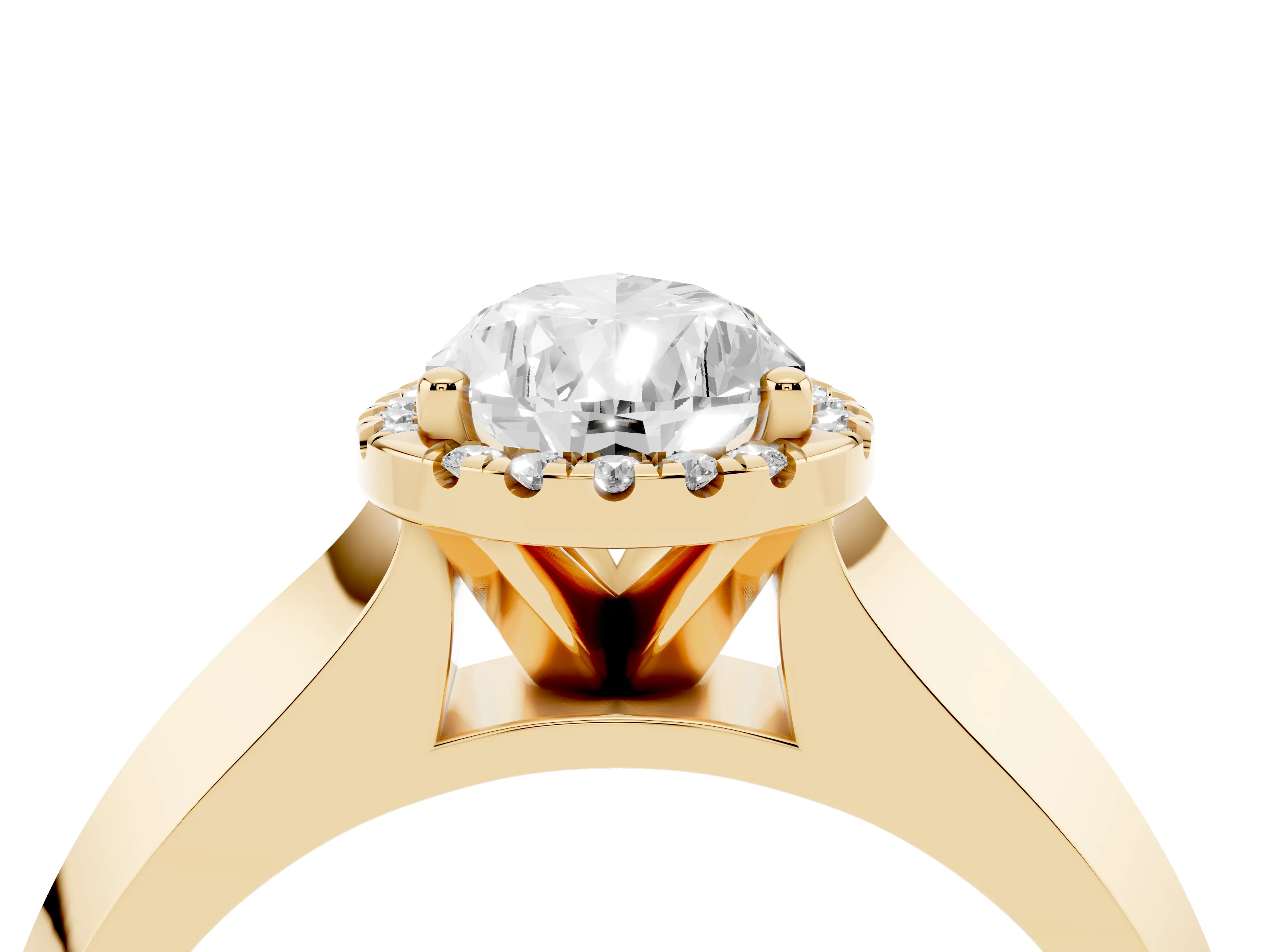 Pear Cut Diamond Halo Ring Set in Yellow gold with Cathedral Band and Prong Setting