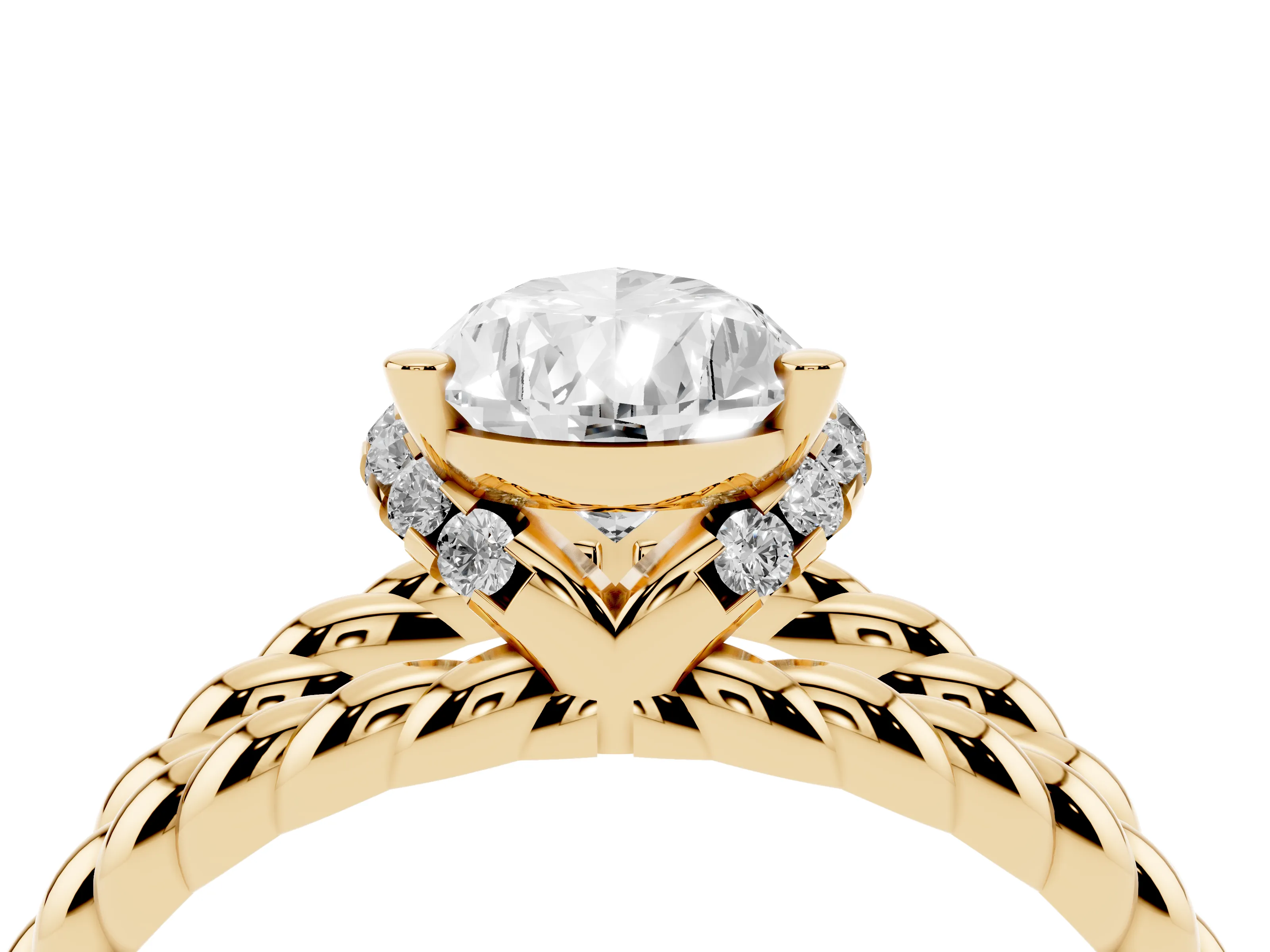 Pear Cut Diamond Halo Ring Set in Yellow gold with Twisted Band and Prong Setting