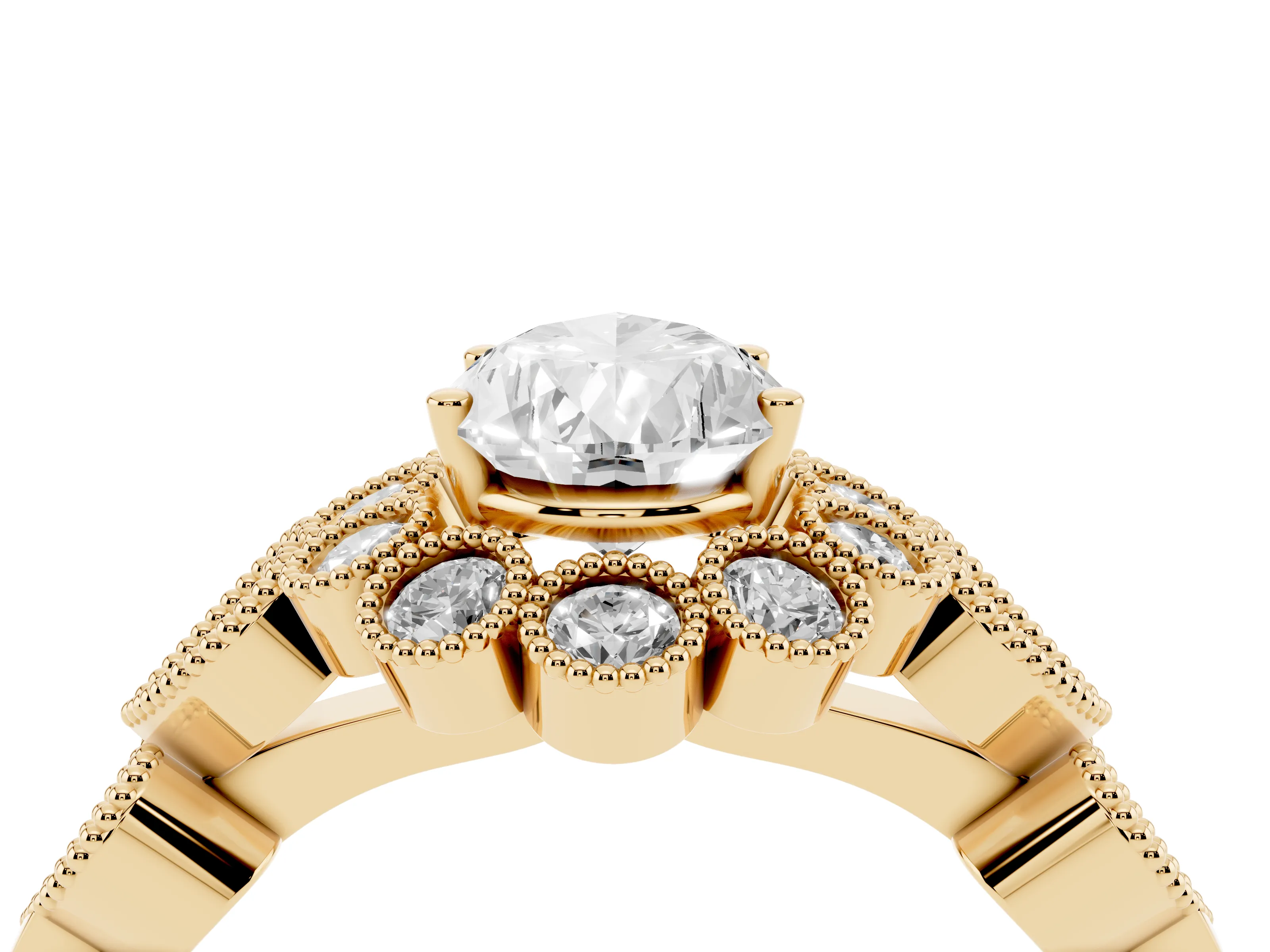 Pear Cut Diamond Solitaire Ring Set in Yellow gold with Milgrain Pavé Heart Band