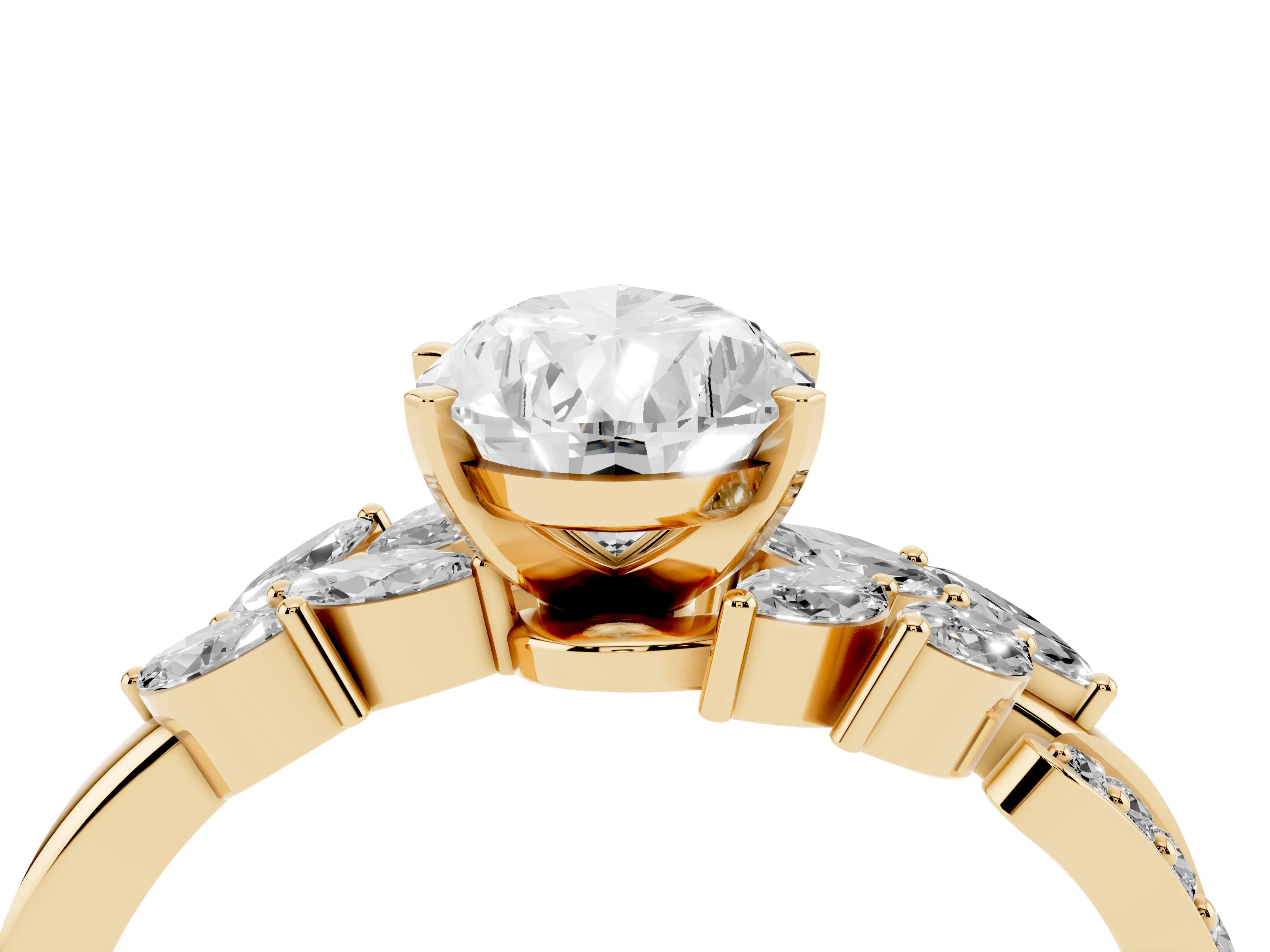 Pear Cut Diamond Solitaire Ring Set in Yellow gold with Marquise Twist Band and Prong Setting