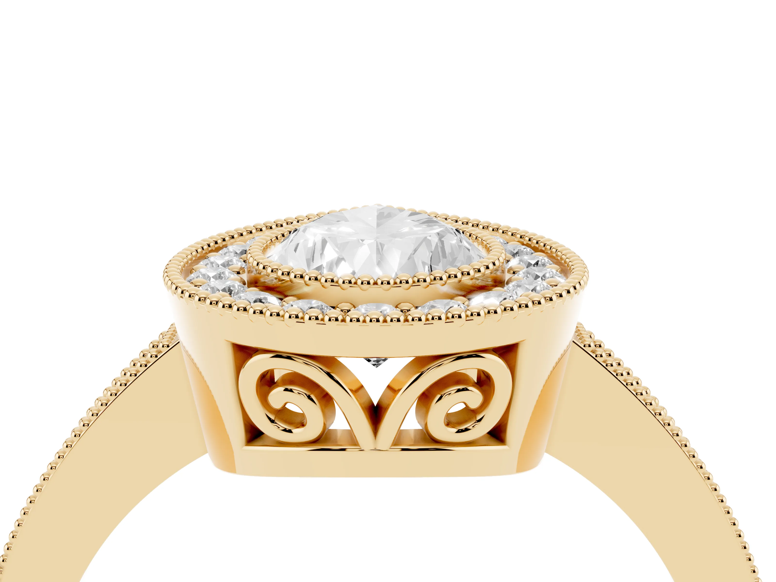 Pear Cut Diamond Halo Ring Set in Yellow gold with Pavé Band and Milgrain-Edged Prongs