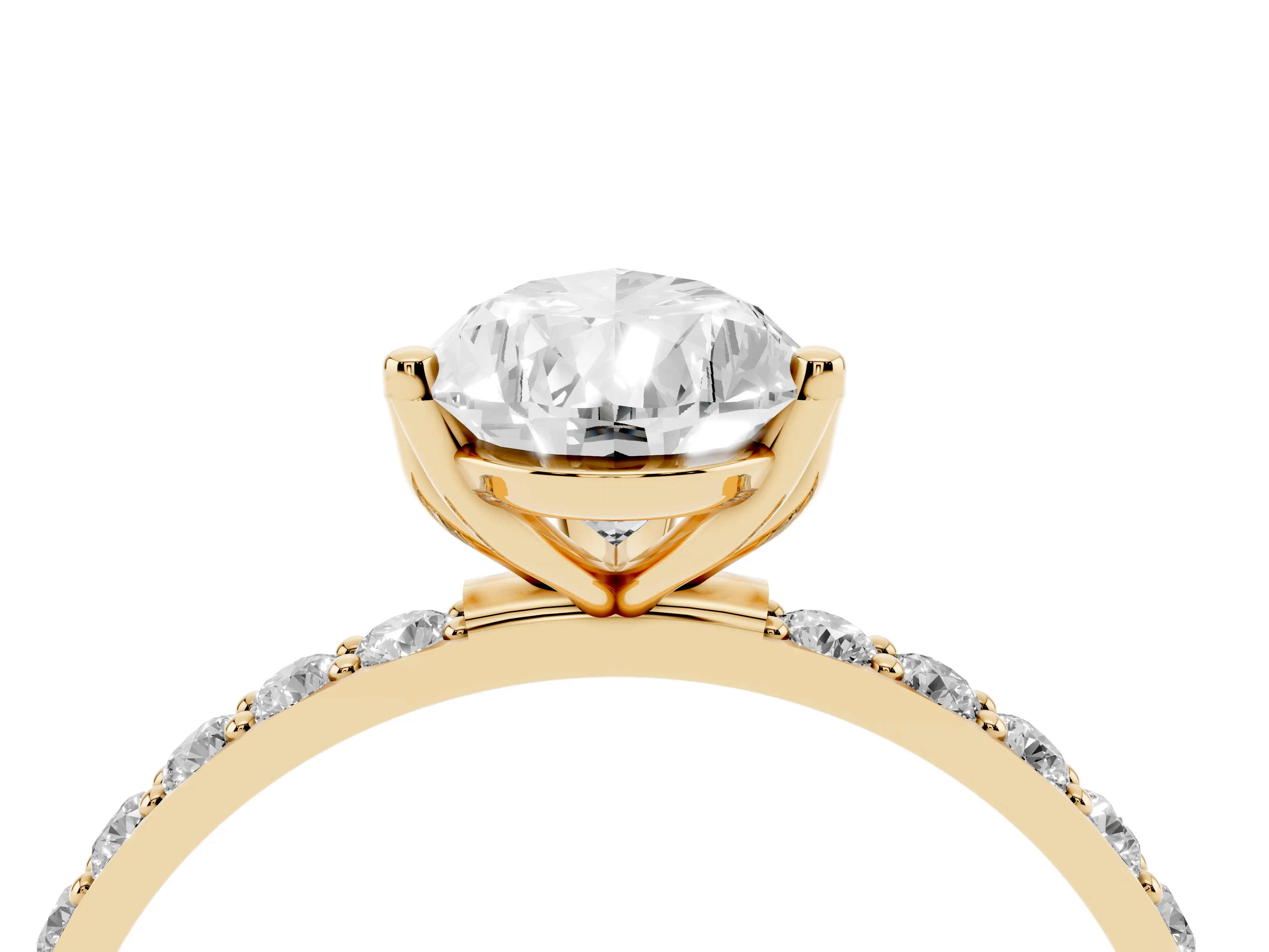 Pear Cut Diamond Solitaire Engagement Ring Set in Yellow gold with Round Pavé Band and Prong Setting