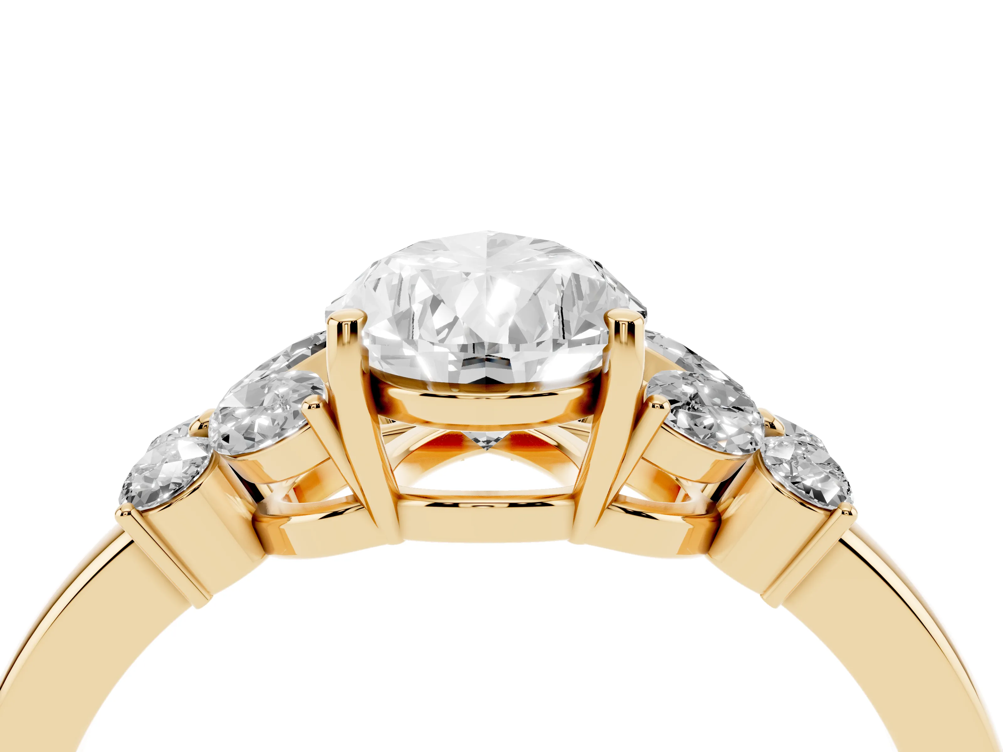 Pear Cut Diamond Solitaire Floral Ring Set in Yellow gold with Marquise Petals and Prong Setting