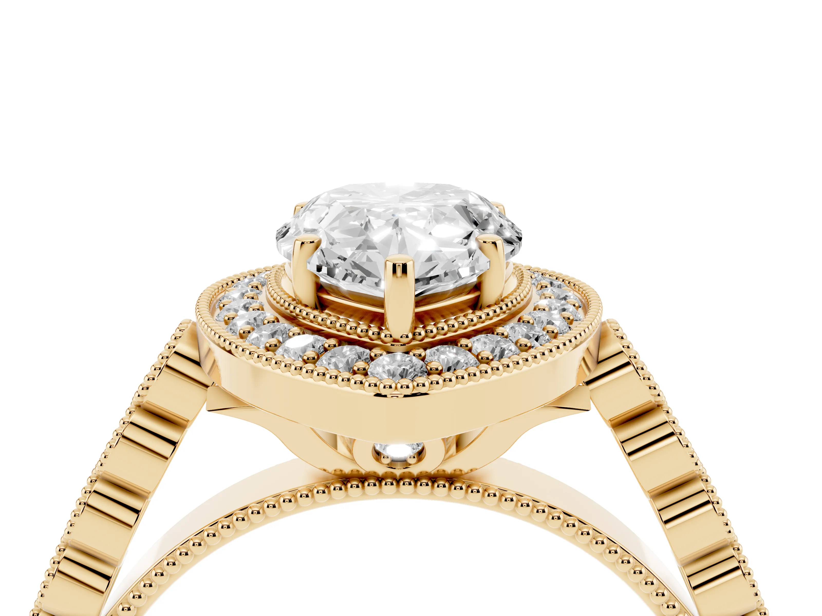 Pear Cut Diamond Milgrain Halo Solitaire Ring Set in Yellow gold with Bezel Set Side Stones and Pavé Band