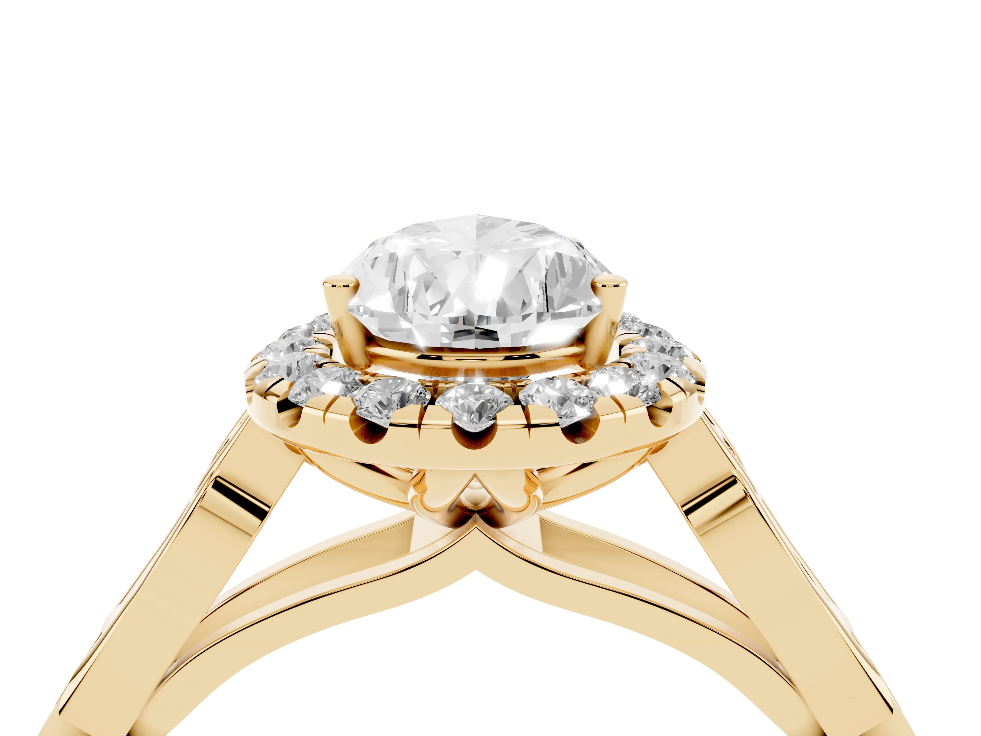 Pear Cut Diamond Halo Engagement Ring Set in Yellow gold with Filigree Band and Prong-Set Center