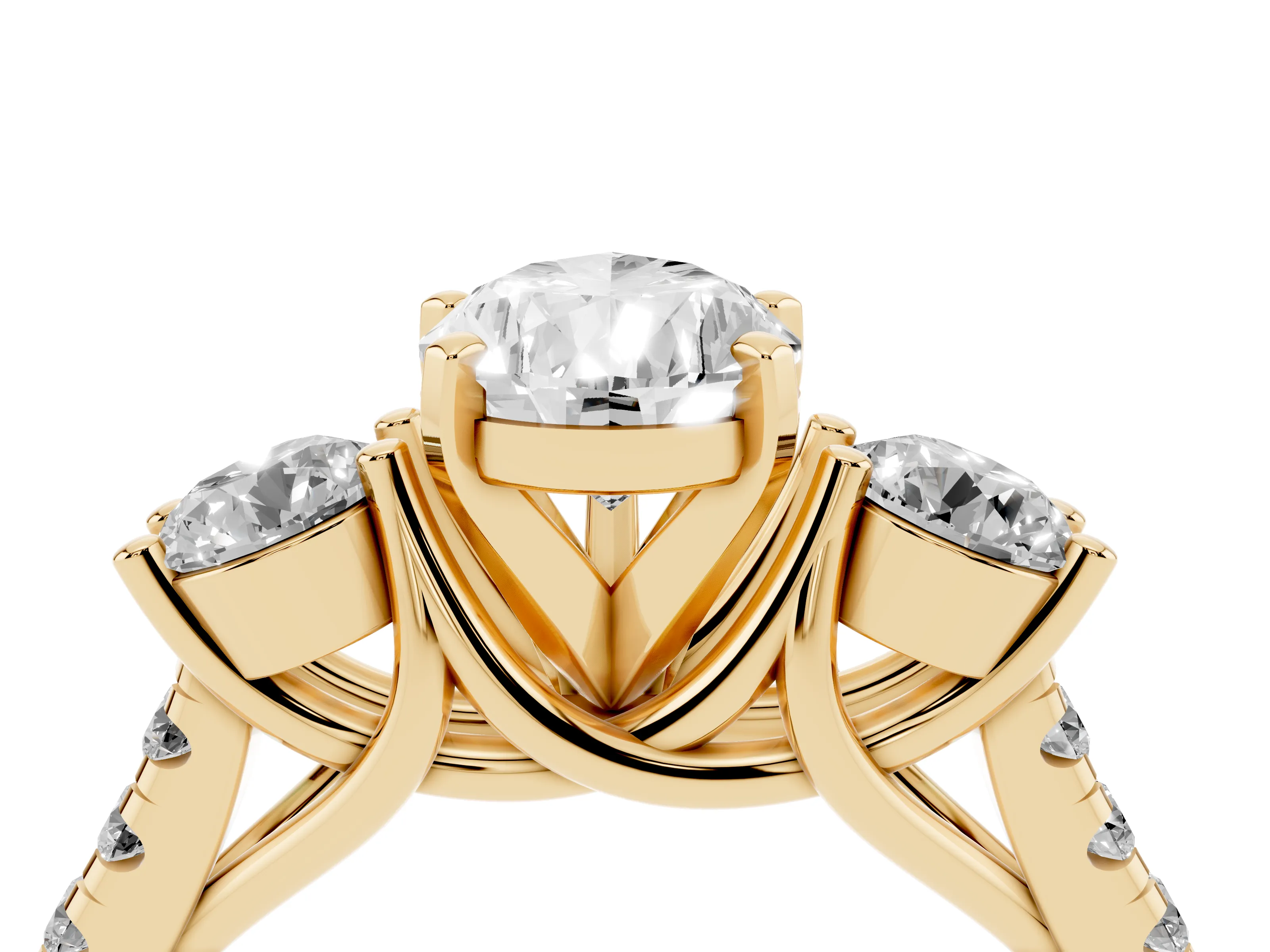 Three-Stone Pear Cut Diamond Pavé Band Ring Set in Yellow gold with Prong-Set Trio