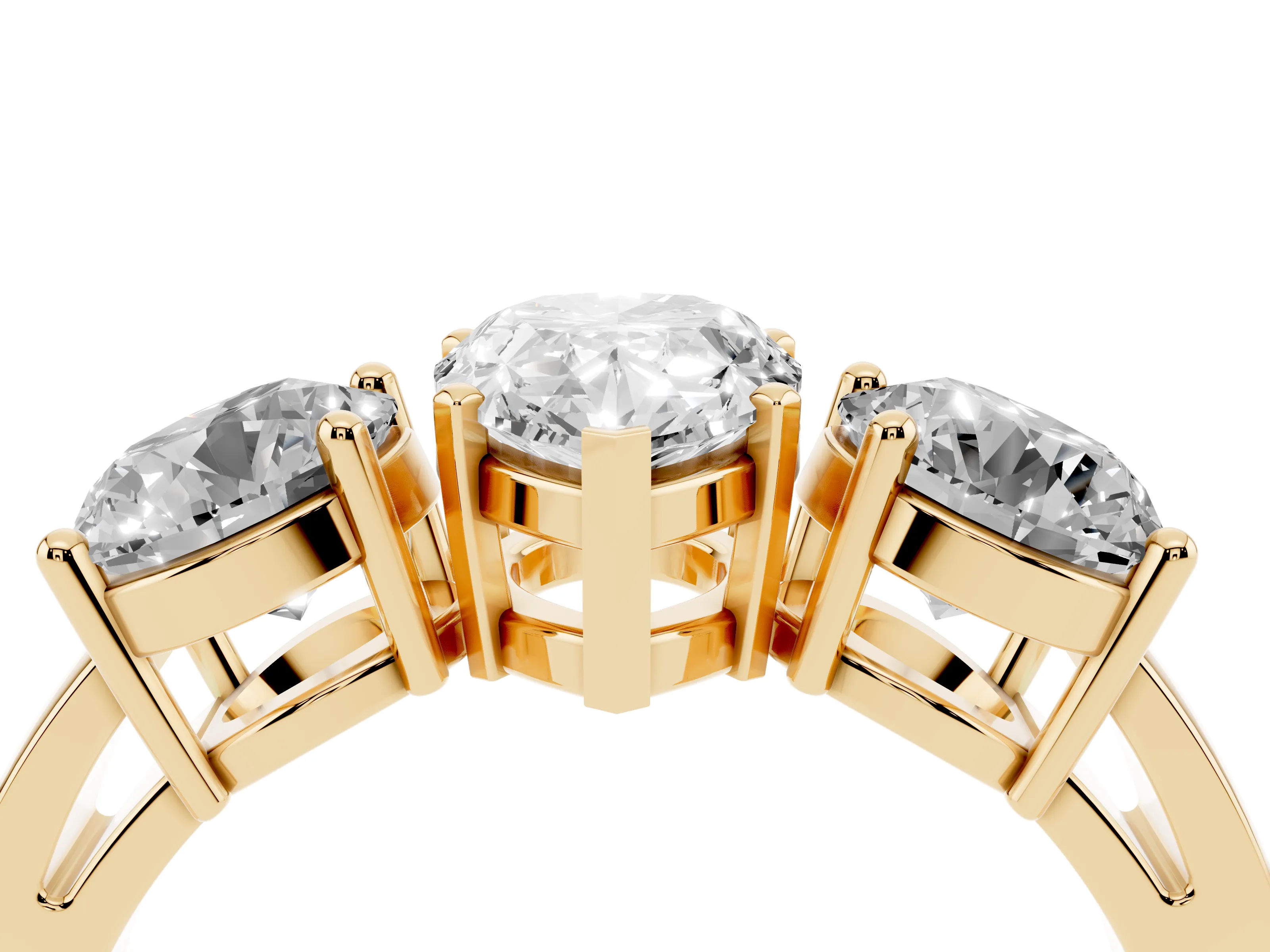Pear Cut Diamond Three-Stone Ring Set in Yellow gold with Round Side Stones and Classic Band
