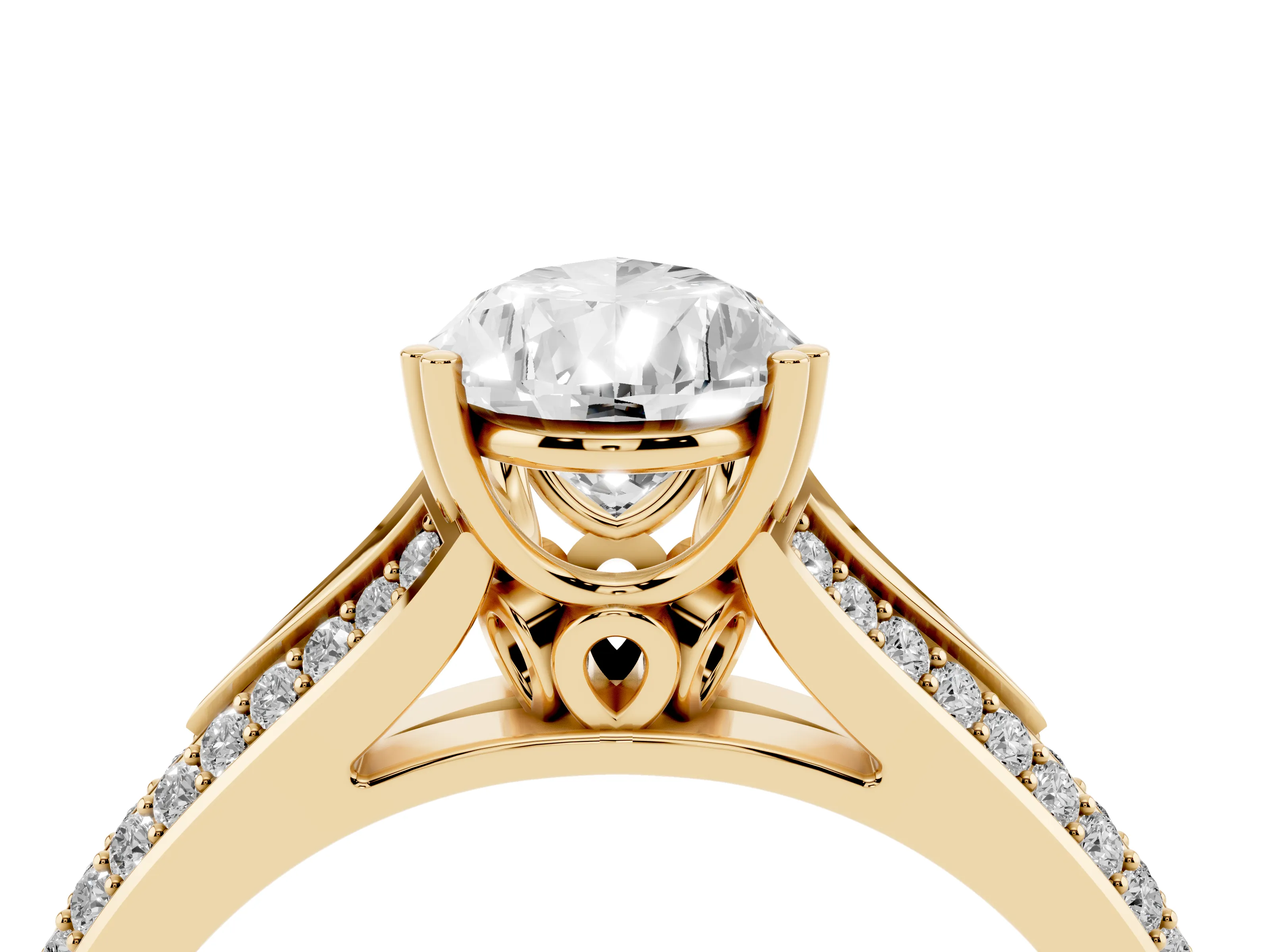 Pear Cut Diamond Split Shank Pavé Engagement Ring Set in Yellow gold with Prong-Set Center Stone