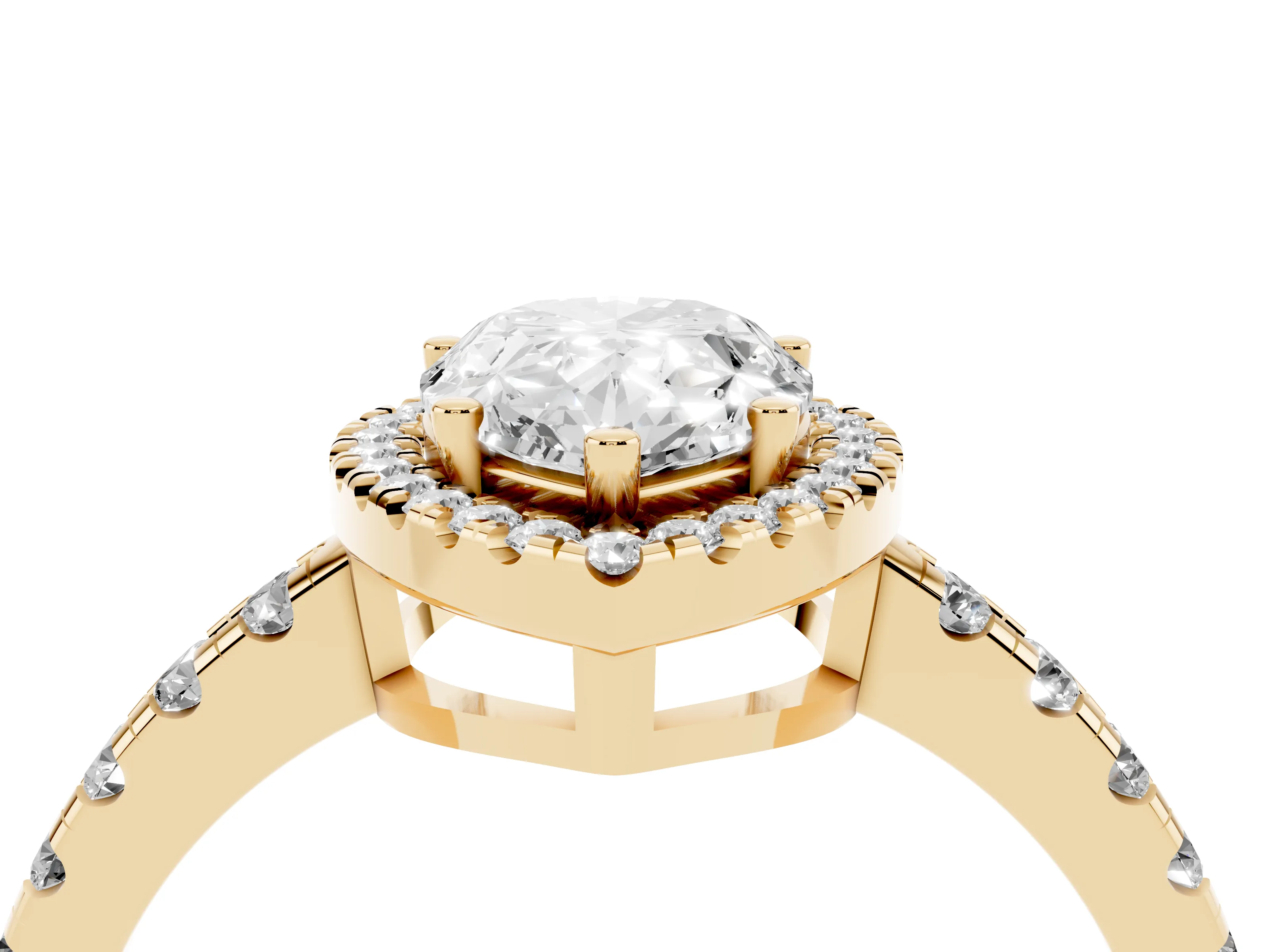 Pear Cut Diamond Halo Ring Set in Yellow gold with Delicate Pavé Band and Prong Setting