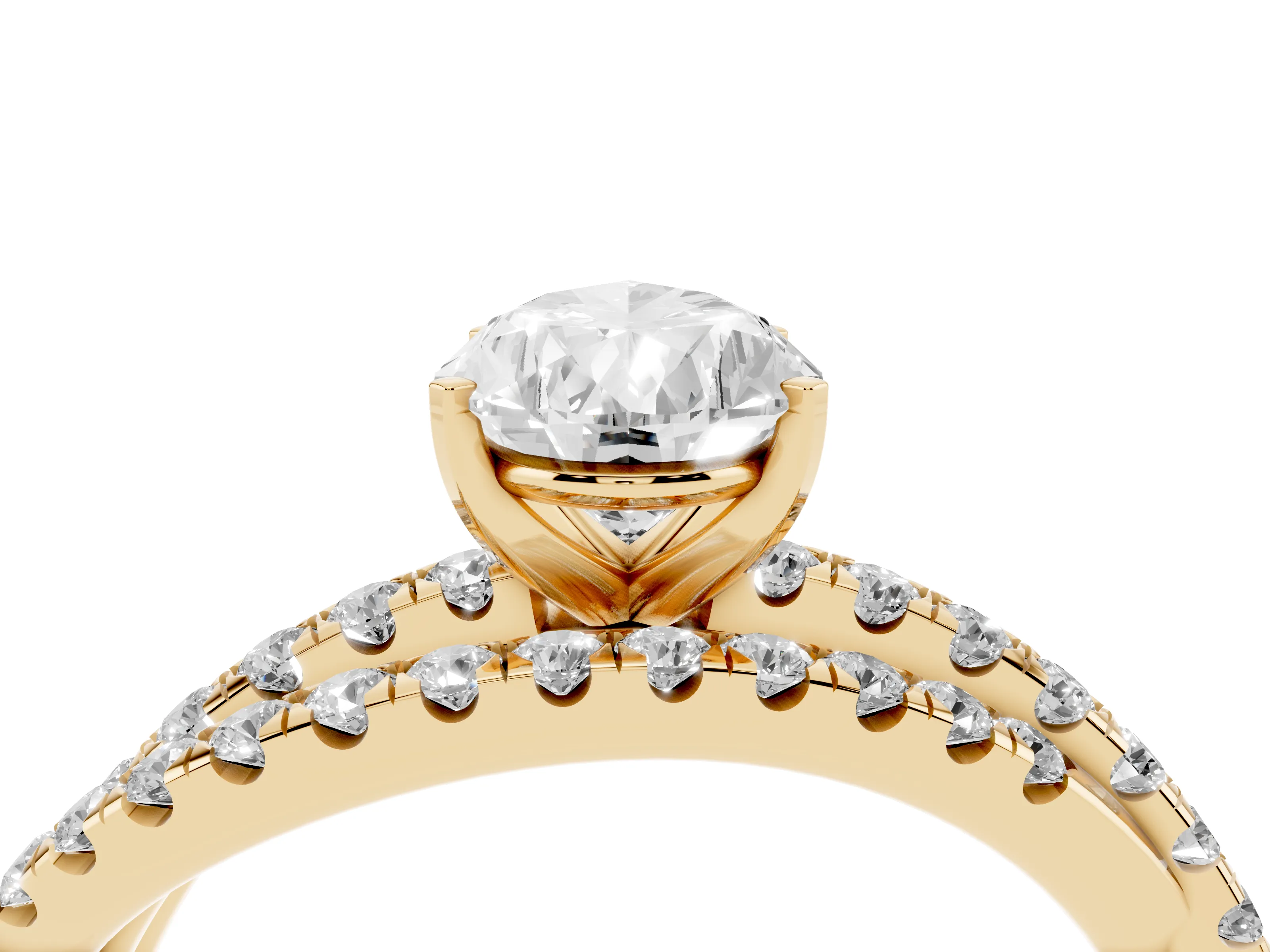 Pear Cut Diamond Solitaire Twist Band Ring Set in Yellow gold with Pavé Setting and Prong Head