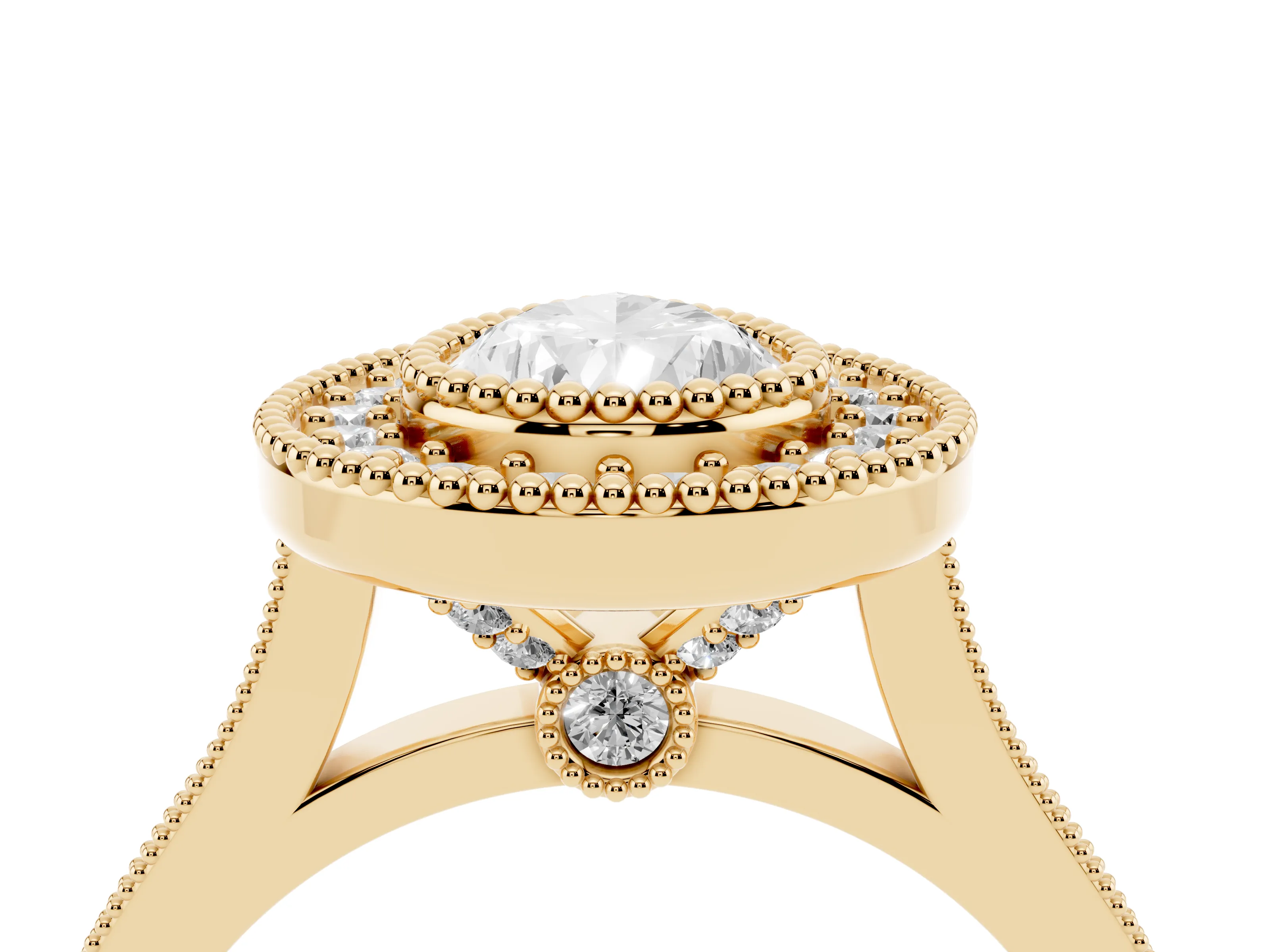 Pear Cut Diamond Halo Ring Set in Yellow gold with Milgrain Frame and Pavé Band
