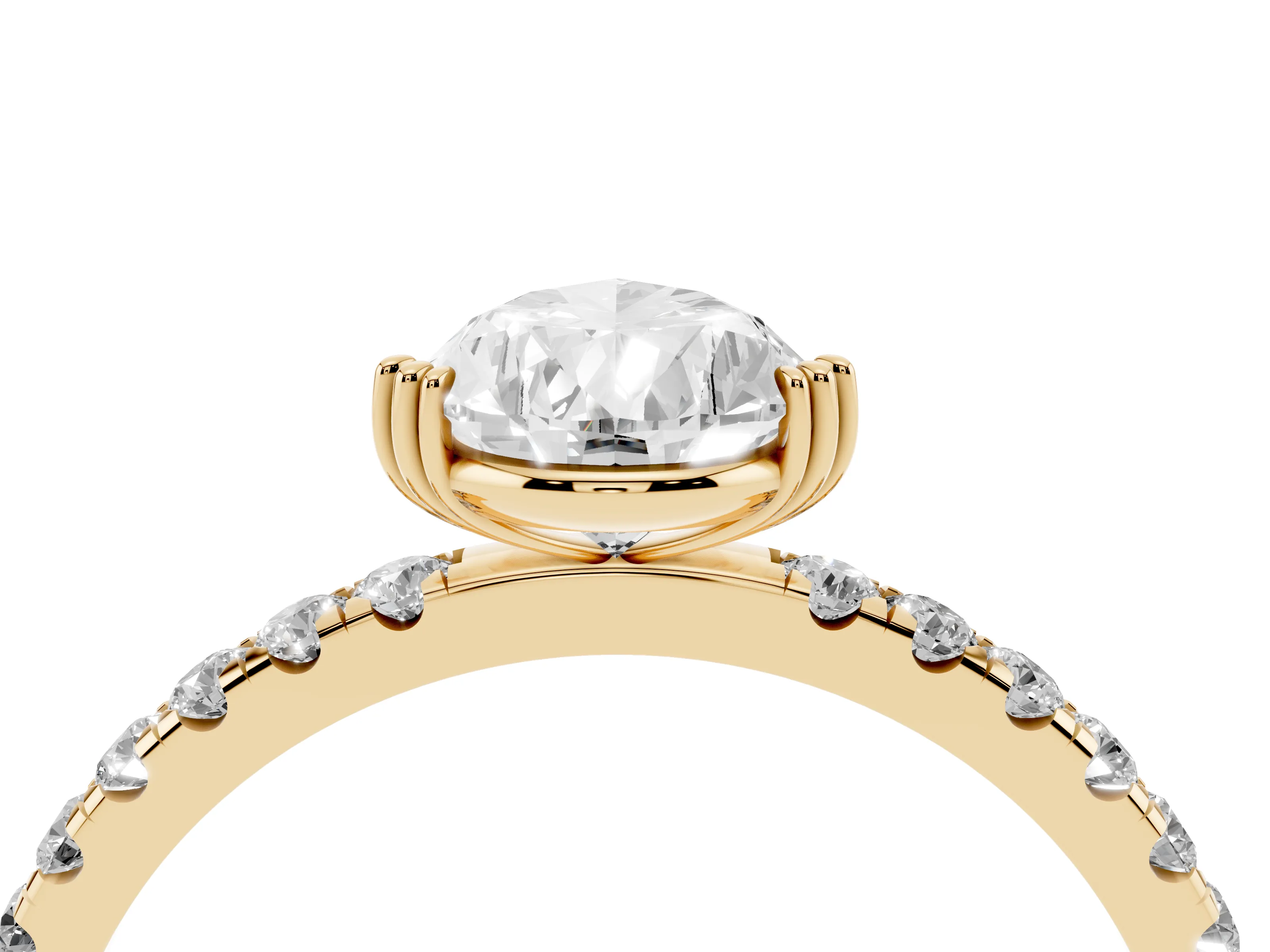 Pear Cut Diamond Brilliant Solitaire Set in Yellow gold with Pavé Band and Claw Prong Setting