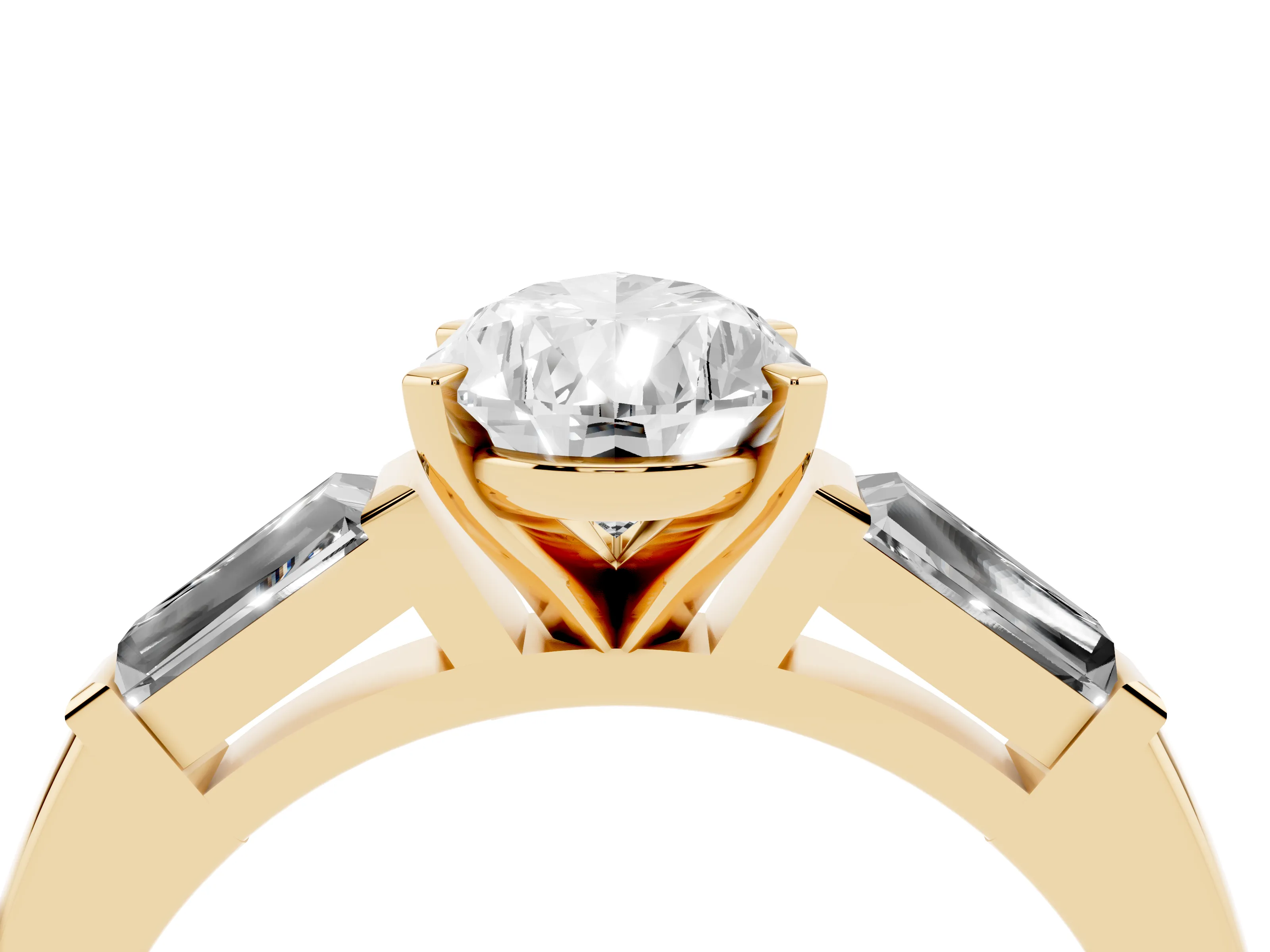 Pear Cut Diamond Solitaire Ring Set in Yellow gold with Tapered Baguette Side Stones and Prong Setting
