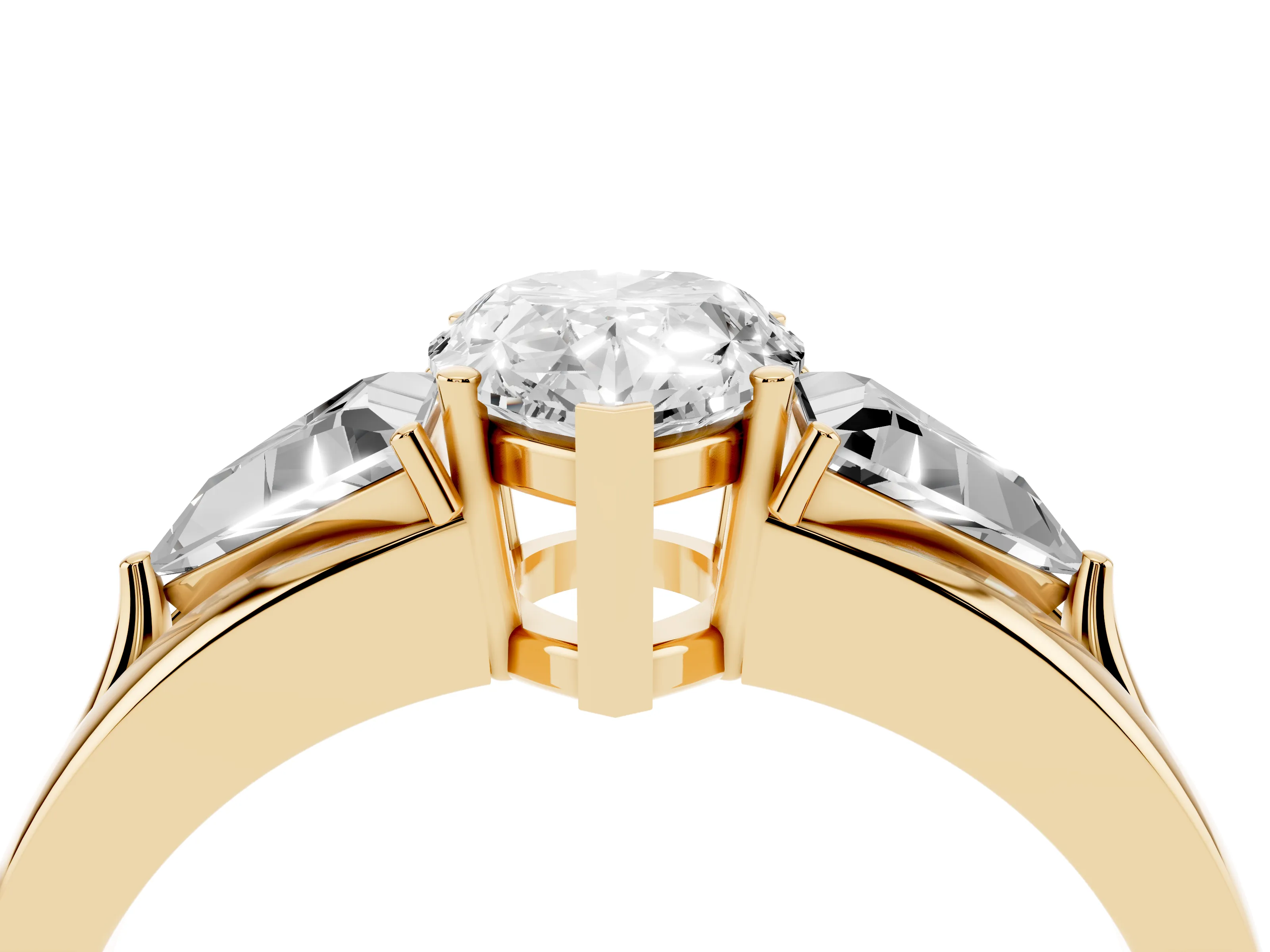 Pear Cut Diamond Three-Stone Ring Set in Yellow gold with Trillion Side Stones and Split Shank
