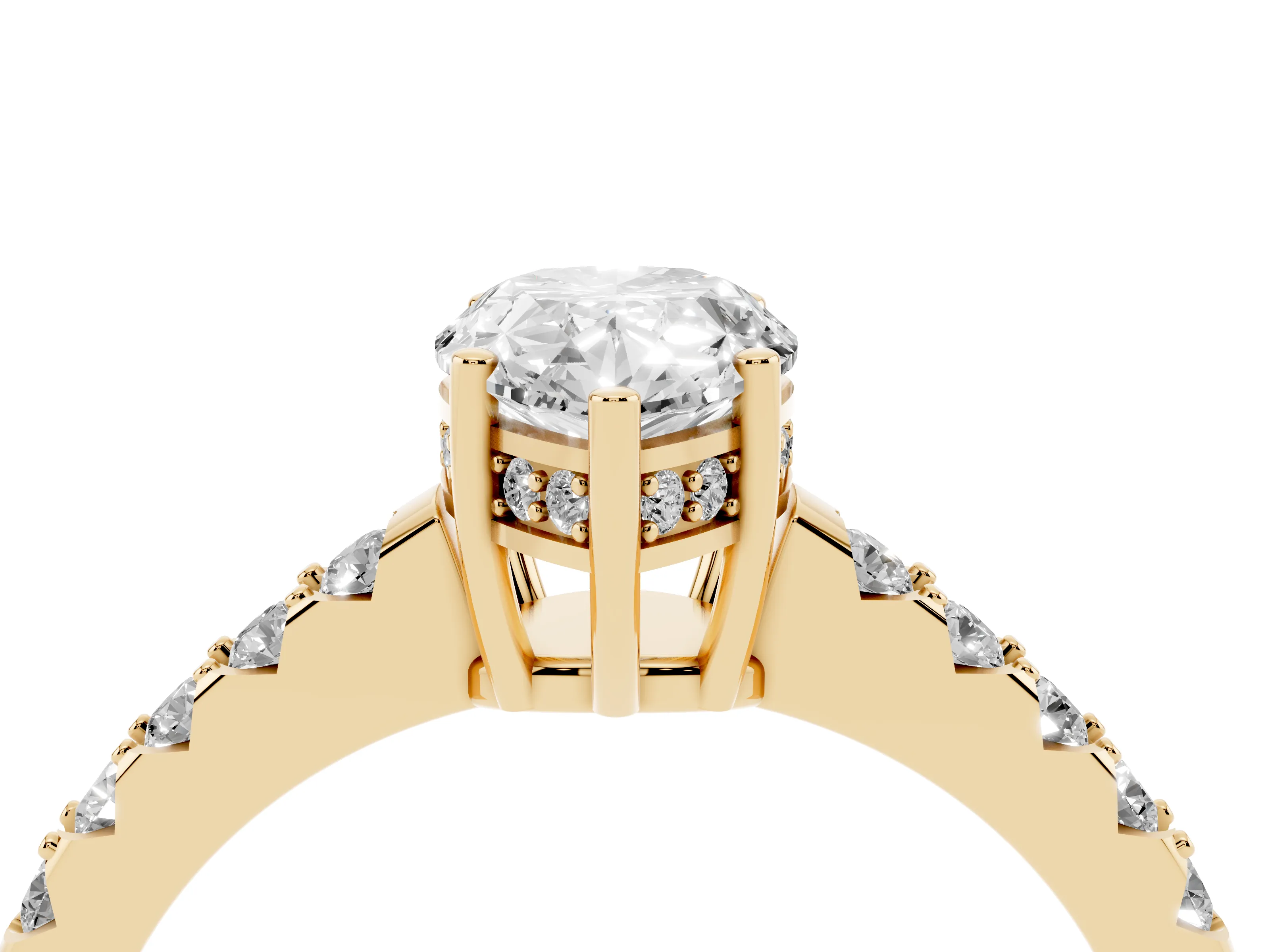Pear Cut Diamond Solitaire Engagement Ring Set in Yellow gold with Pavé Band and Prong Setting