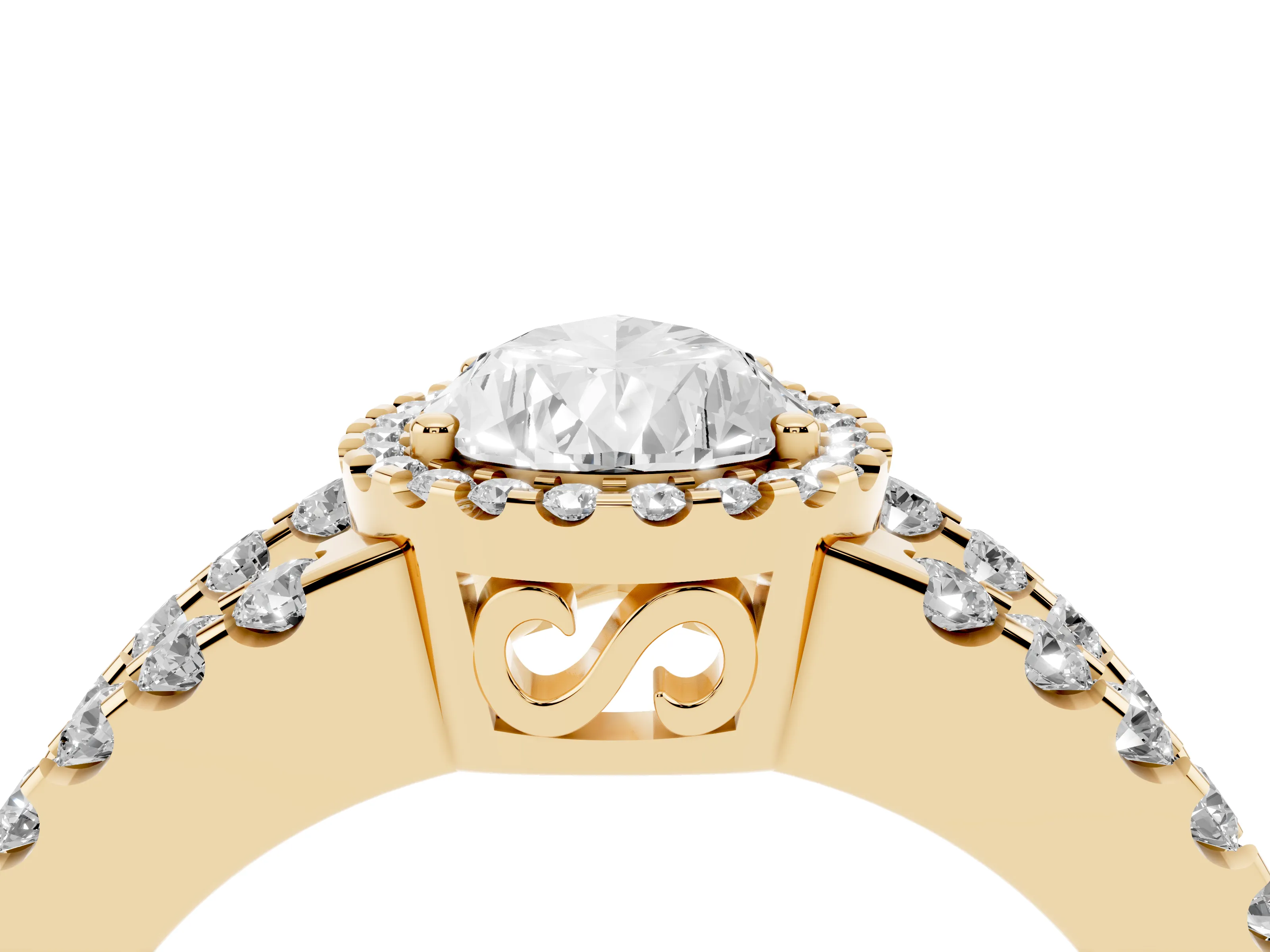 Pear Cut Diamond Halo Ring Set in Yellow gold with Pavé Split Shank and Prong Setting