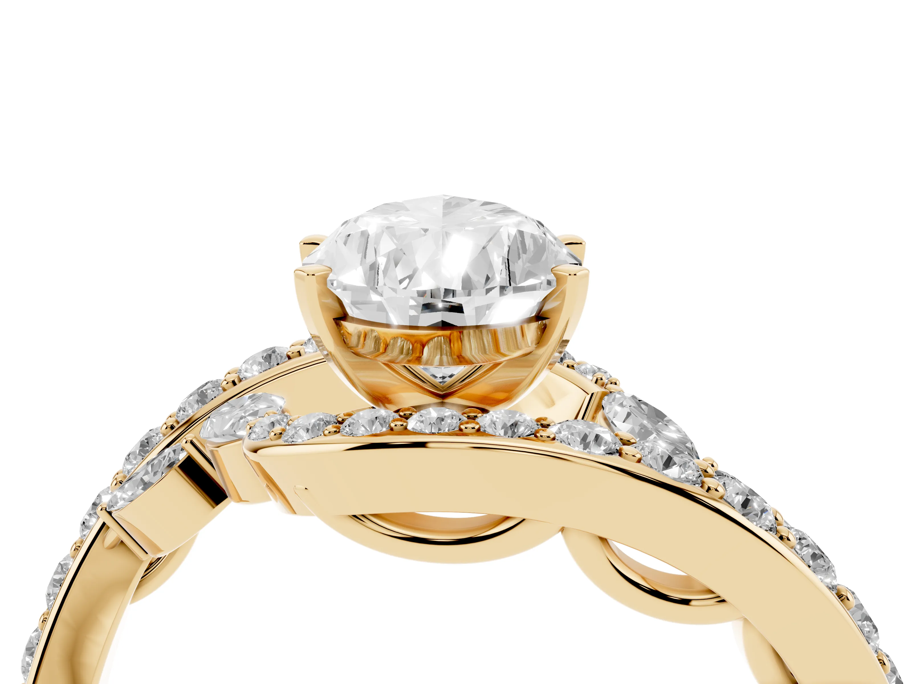 Pear Cut Diamond Solitaire Ring Set in Yellow gold with Pavé Twist Band and Secure Prong Setting