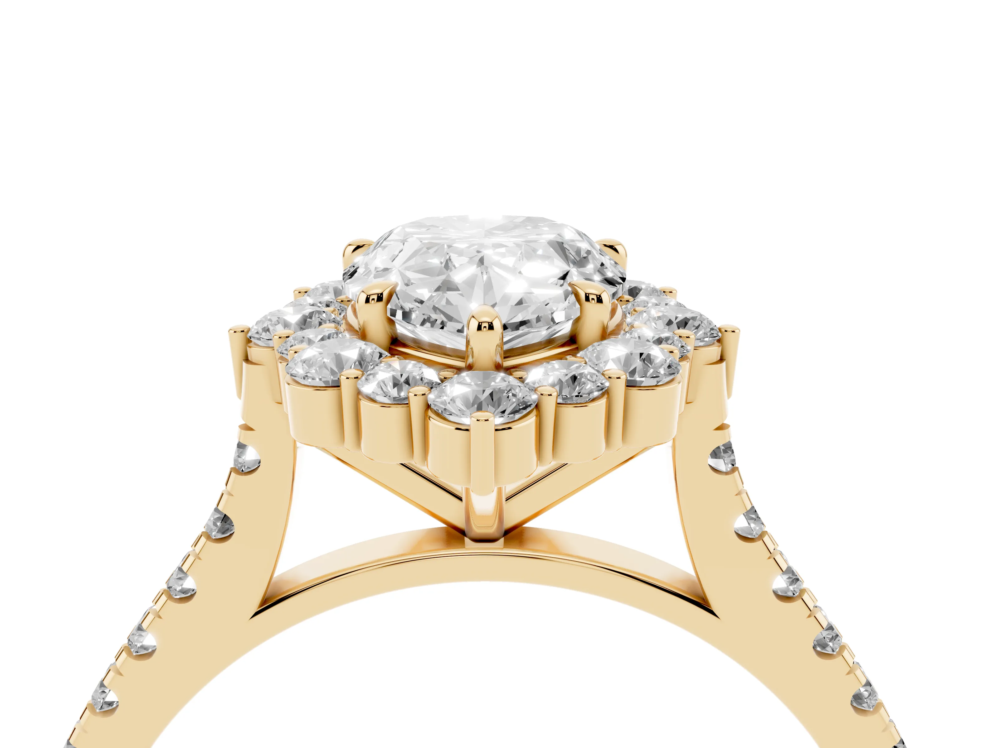 Pear Cut Diamond Halo Ring Set in Yellow gold with Pavé Band and Prong Setting