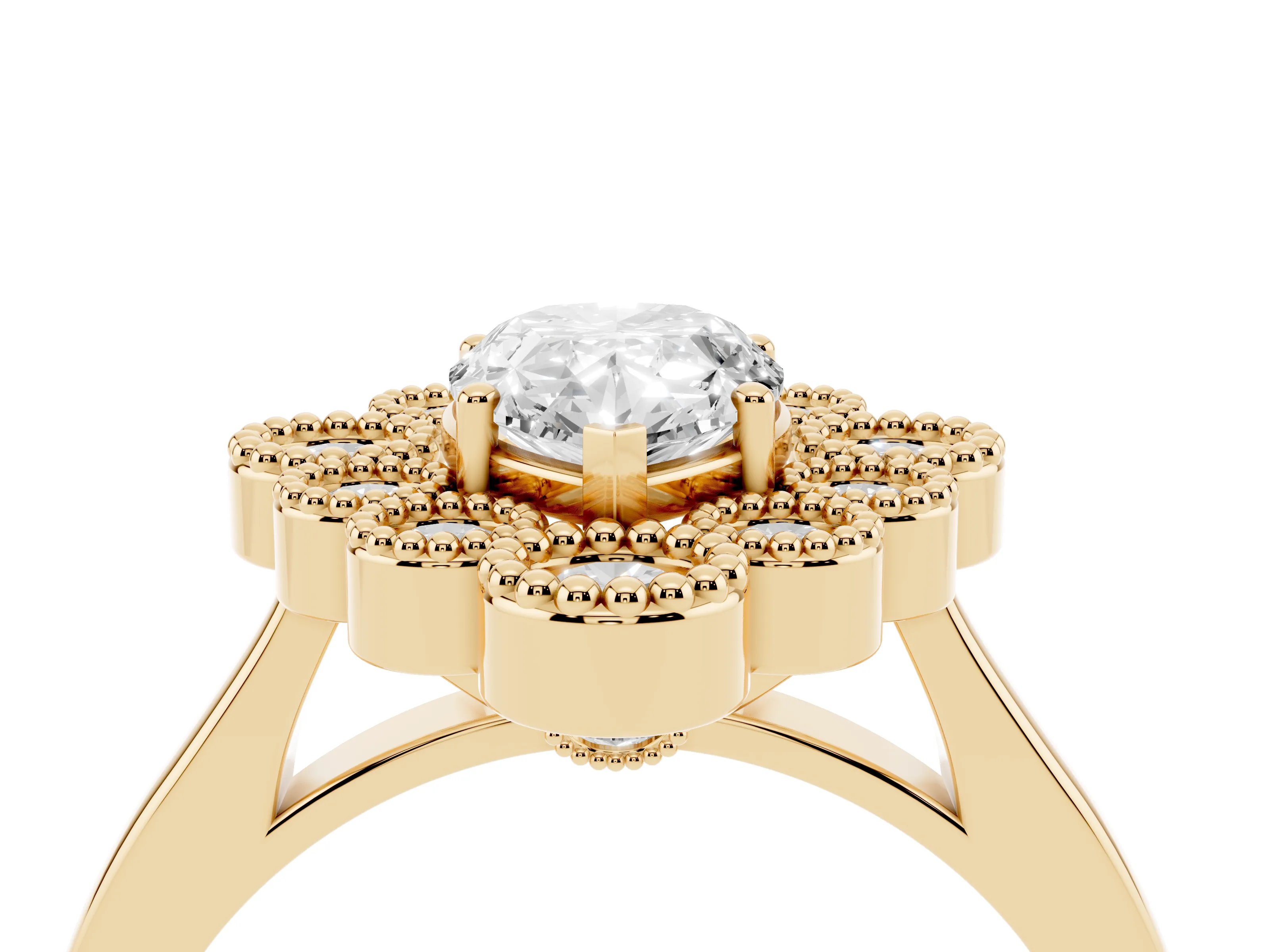 Pear Cut Diamond Cluster Halo Ring Set in Yellow gold with Milgrain Bezel Accents and Plain Band