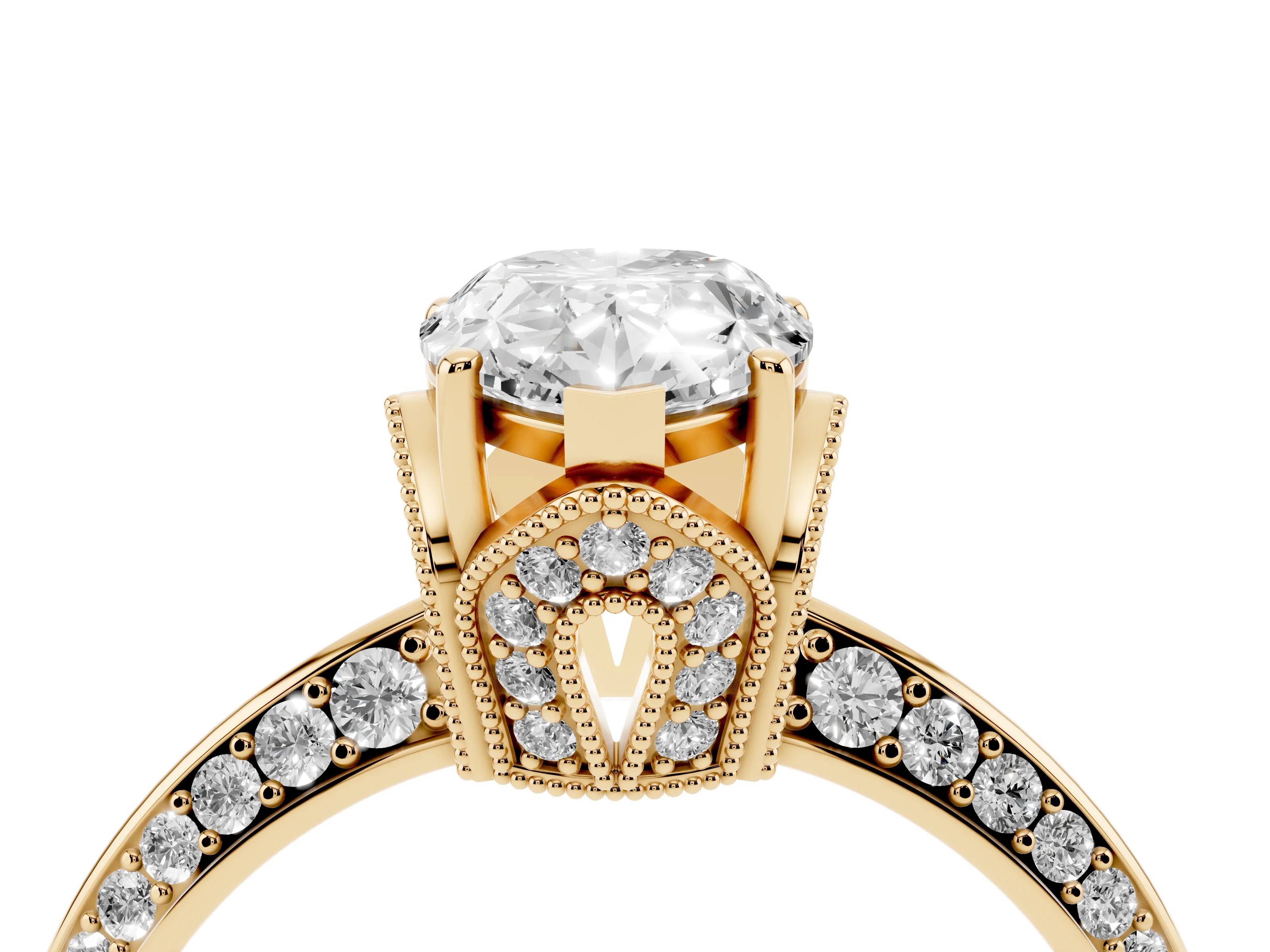 Pear Cut Diamond Solitaire Engagement Ring Set in Yellow gold with Pavé Split Shank and Prong Setting
