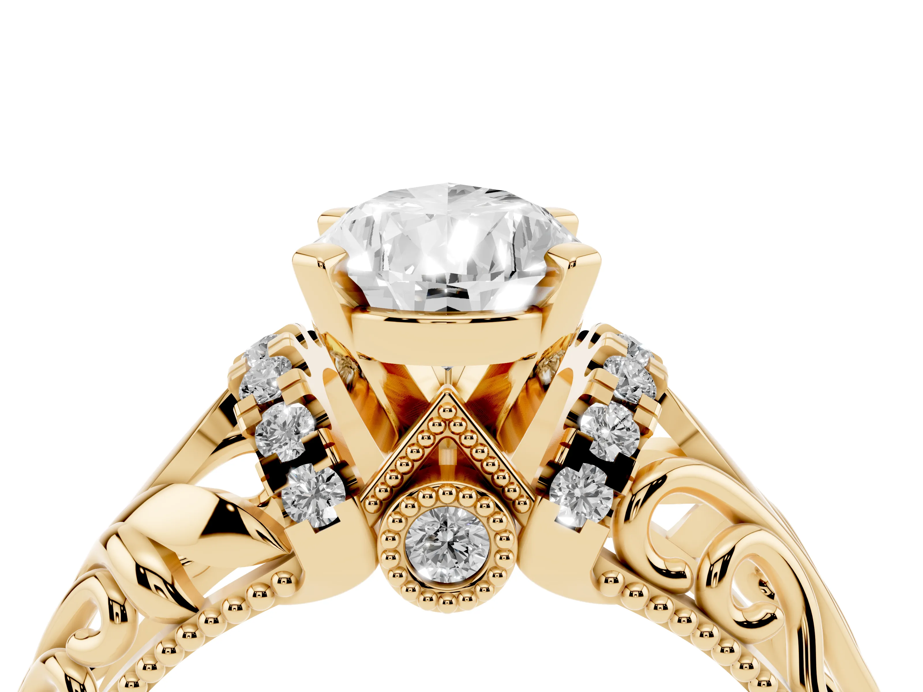 Pear Cut Diamond Filigree Halo Engagement Ring Set in Yellow gold with Prong Setting