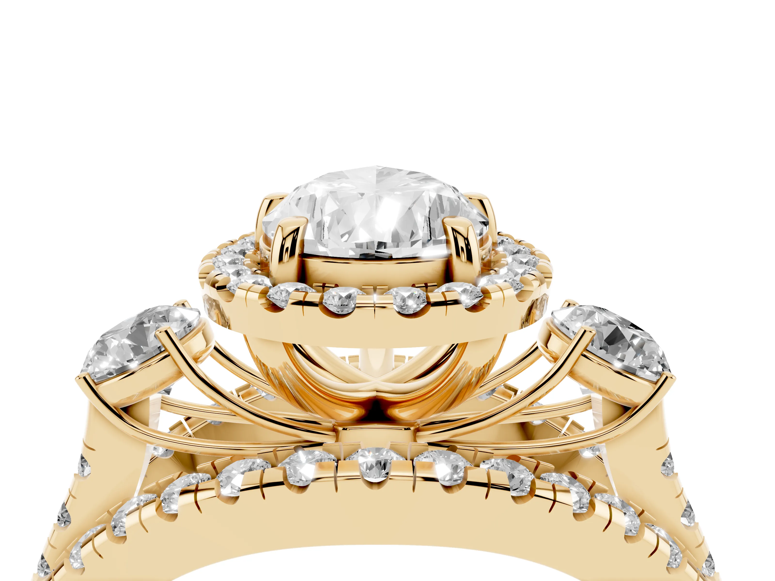 Pear Cut Diamond Halo Split Shank Ring Set in Yellow gold with Round Accent Stones and Prong Setting