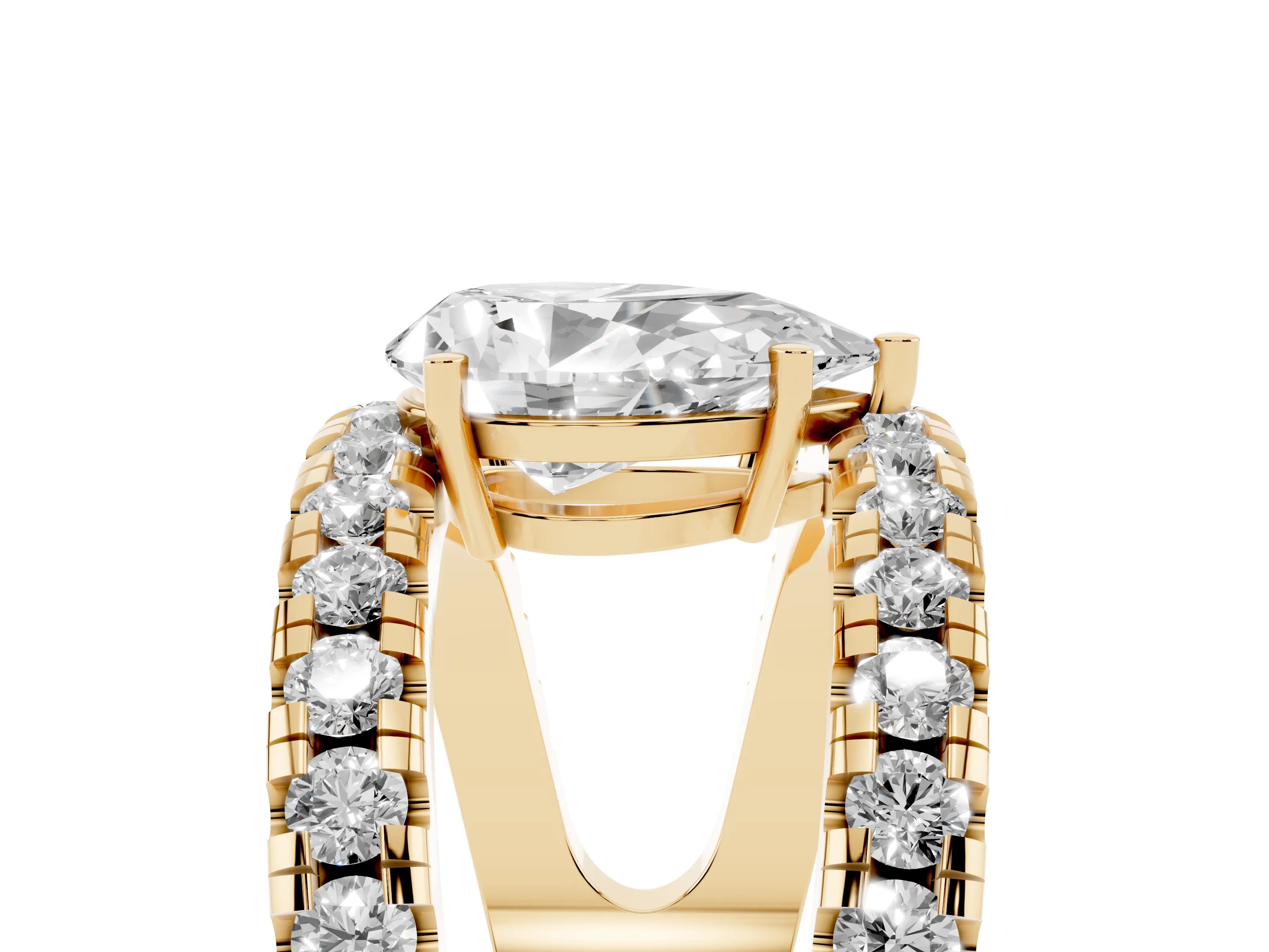 Pear Cut Diamond Split Shank Pavé Solitaire Ring Set in Yellow gold with Open Shank Design