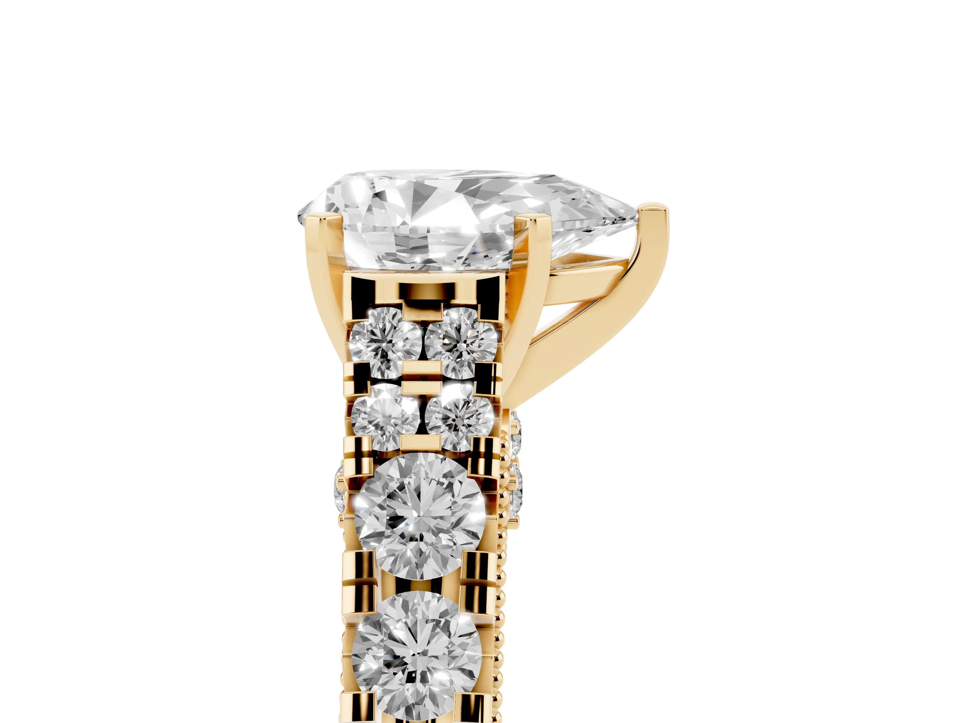 Pear Cut Diamond Classic Solitaire Ring Set in Yellow gold with Pavé Band and Prong Setting