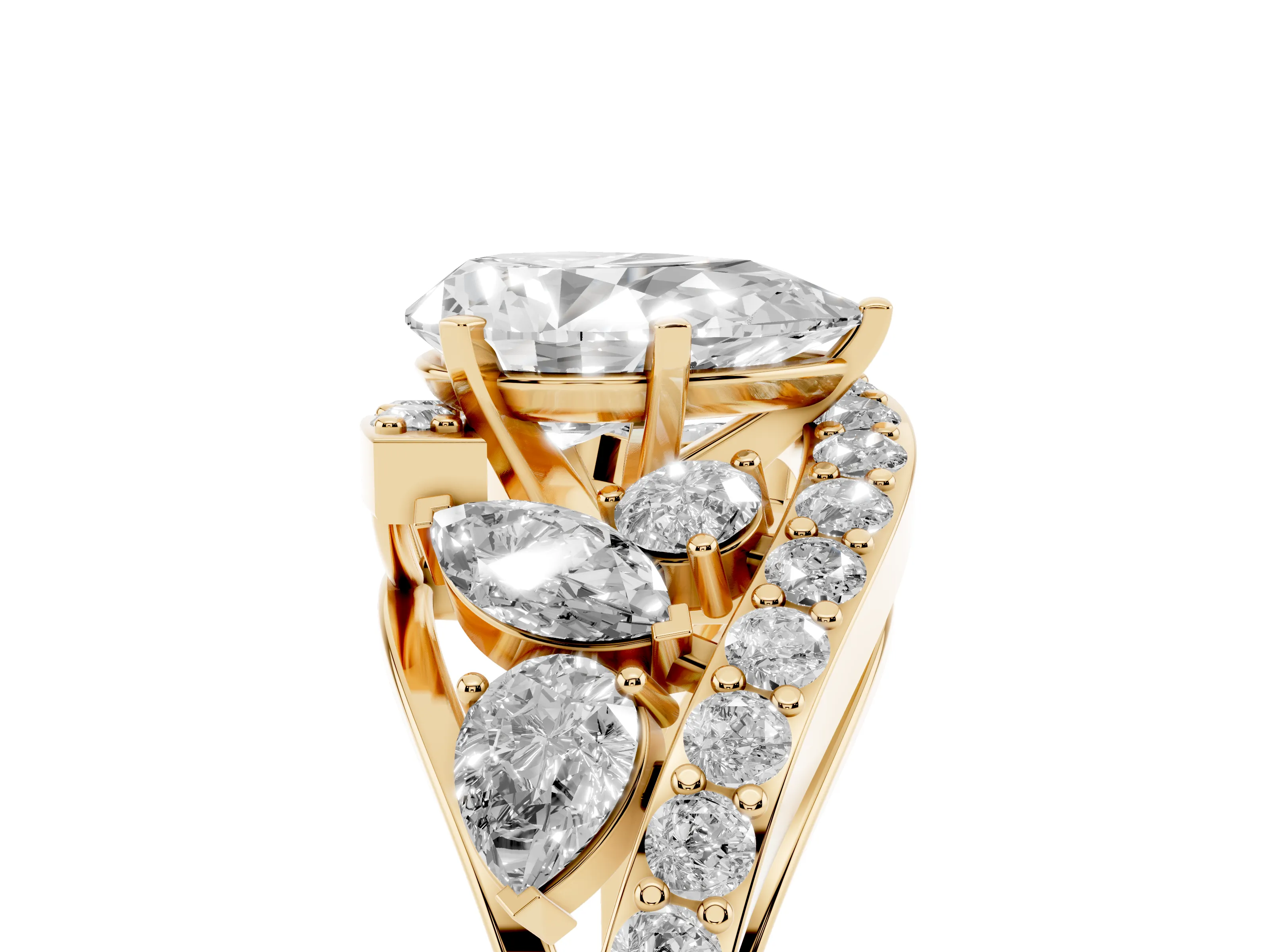Pear Cut Diamond Halo Ring Set in Yellow gold with Marquise and Pavé Band in Prong Setting