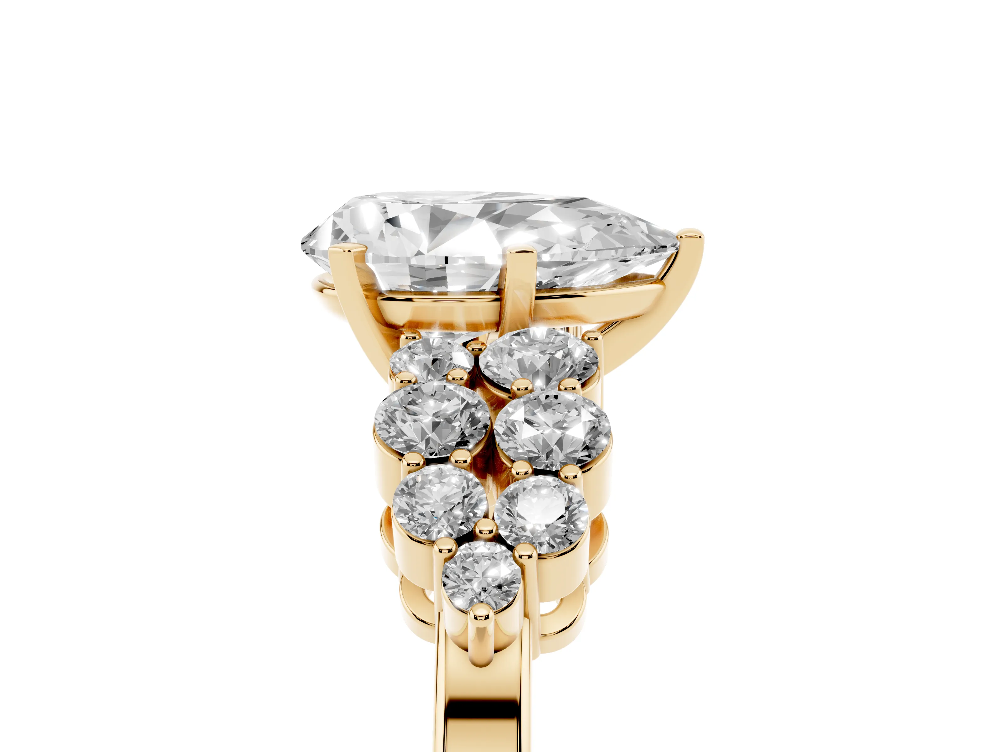 Pear Cut Diamond Cluster Engagement Ring Set in Yellow gold with Pavé Band and Prong Setting