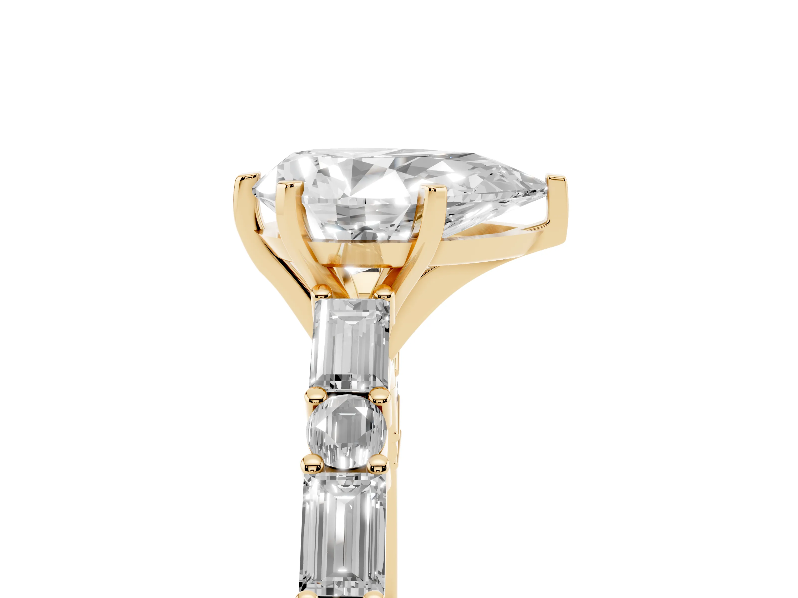 Pear Cut Diamond Solitaire Set in Yellow gold with Side Baguettes and Channel Set Band