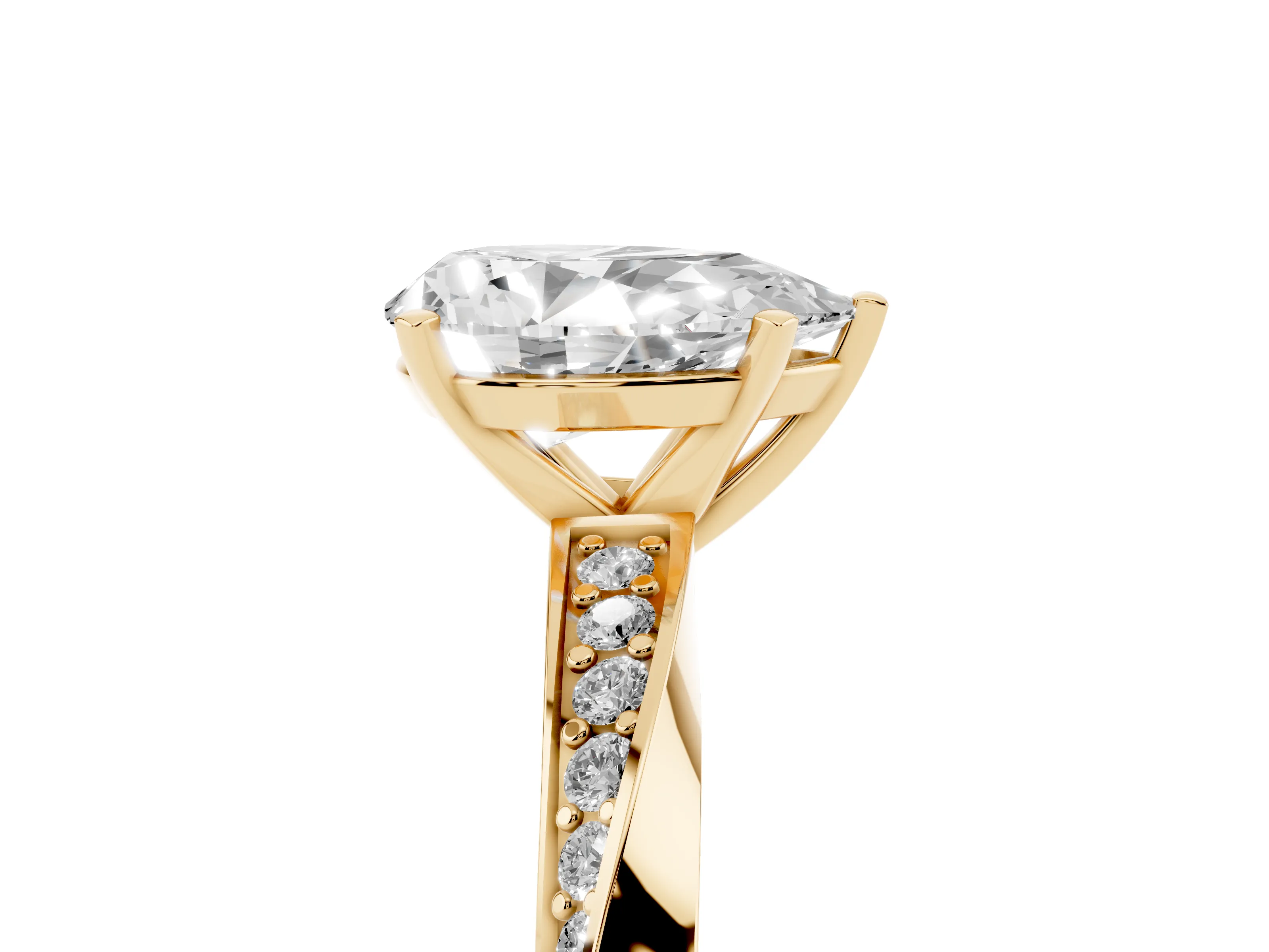 Pear Cut Diamond Engagement Ring Set in Yellow gold with Side Stone Accents and Prong Setting