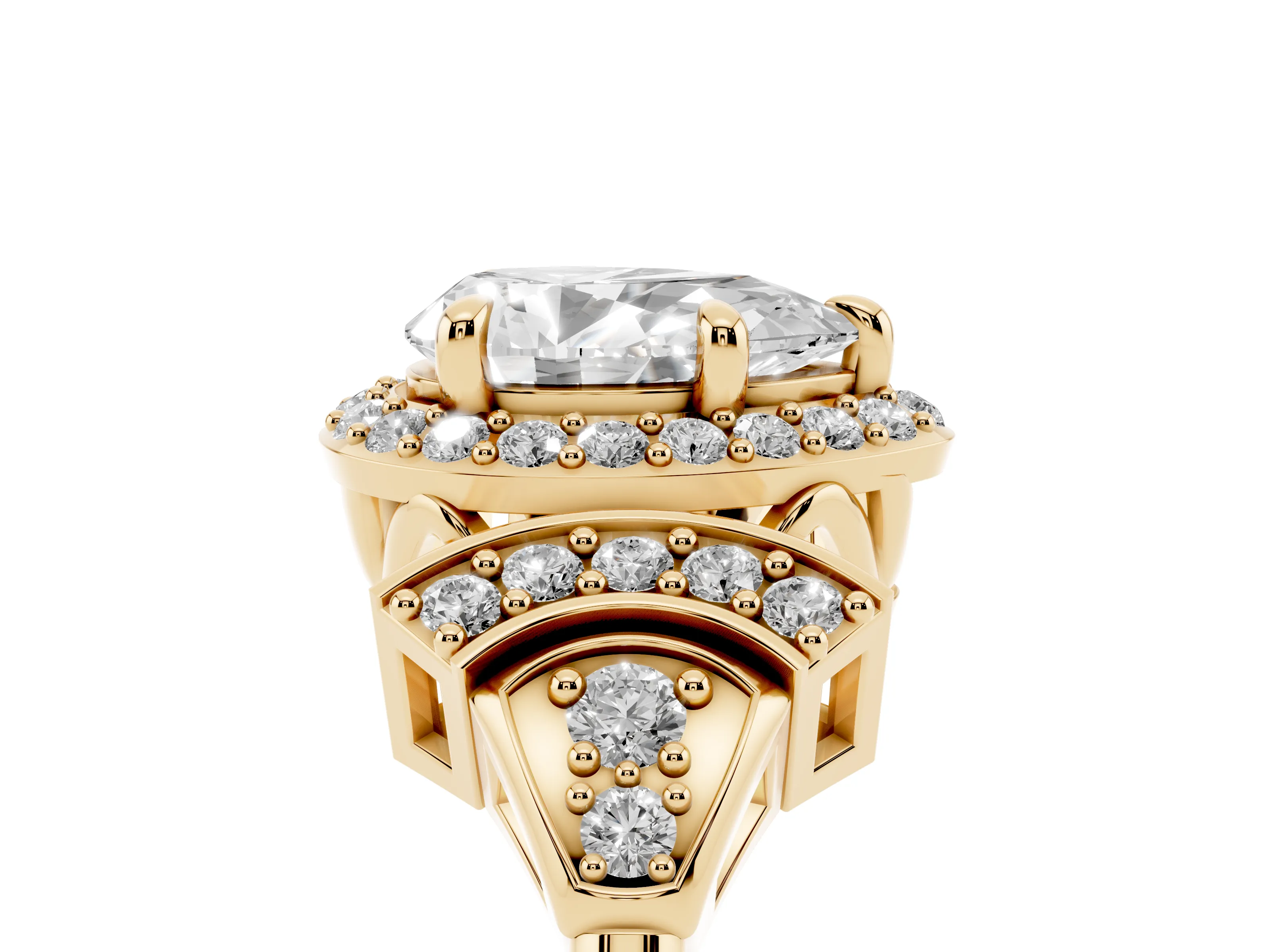 Pear Cut Diamond Halo Engagement Ring Set in Yellow gold with Accent Stone Split Shank
