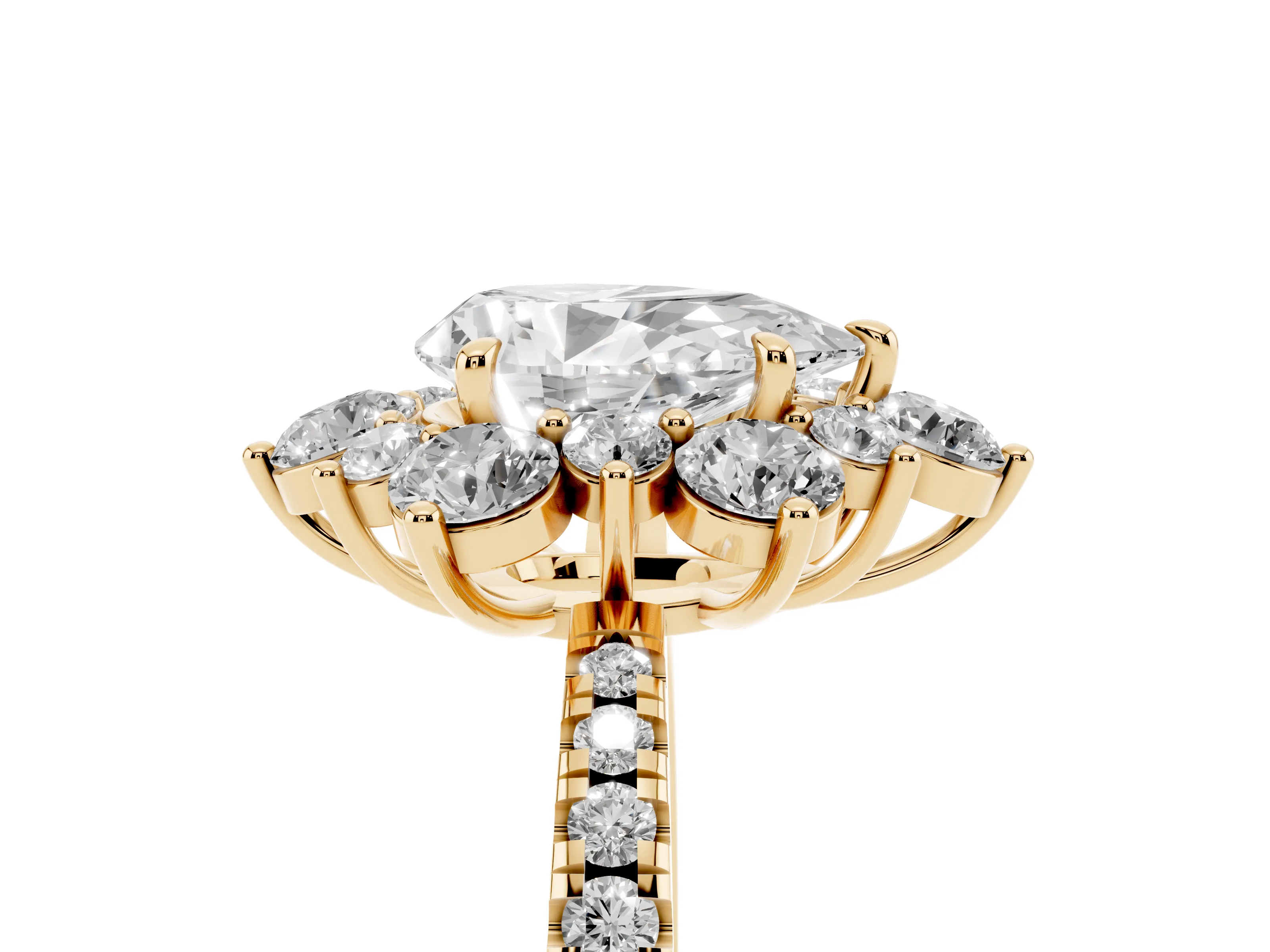 Pear Cut Diamond Floral Halo Ring Set in Yellow gold with Round Pavé Band and Prong Setting