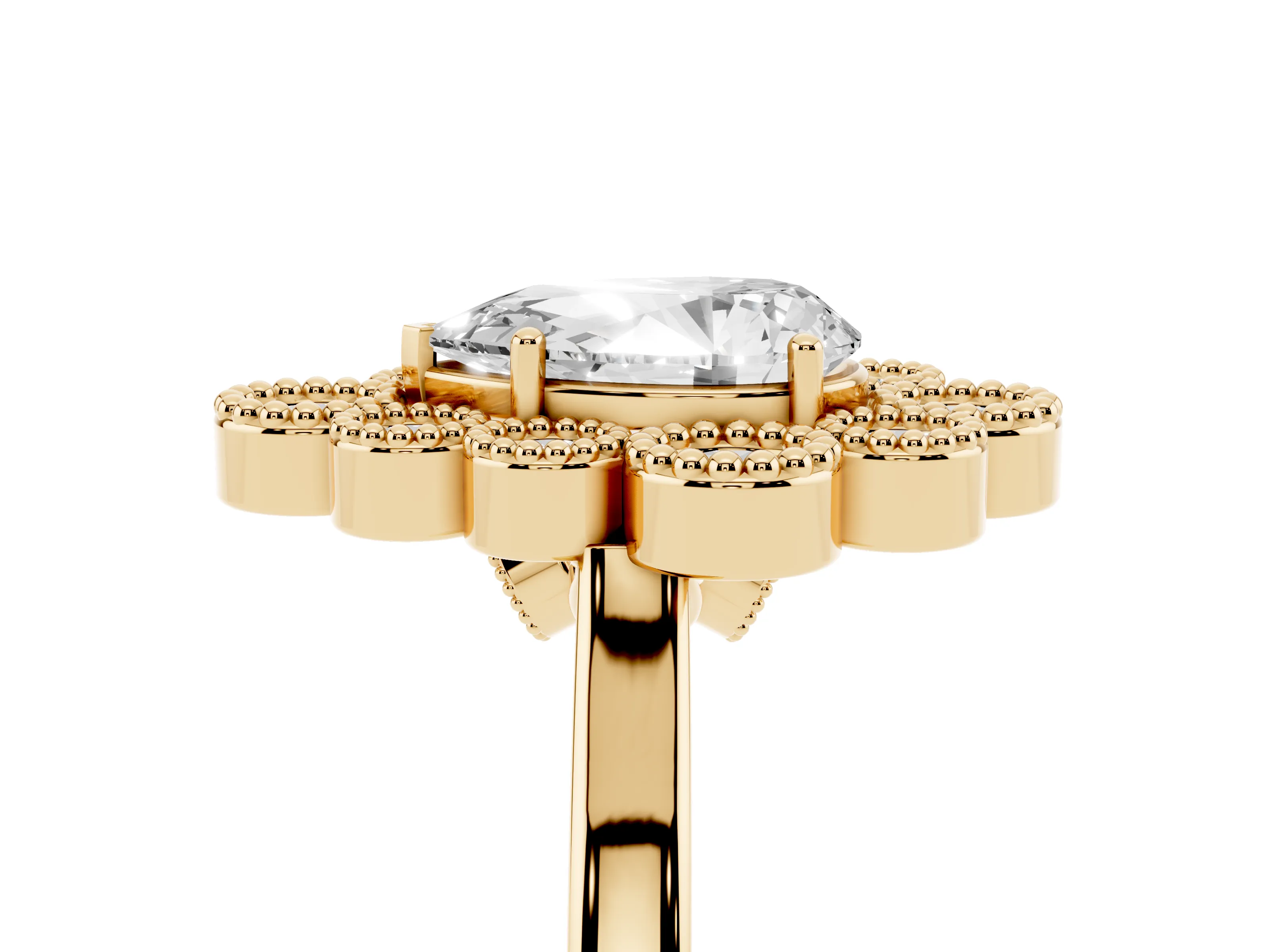 Pear Cut Diamond Cluster Halo Ring Set in Yellow gold with Milgrain Bezel Accents and Plain Band