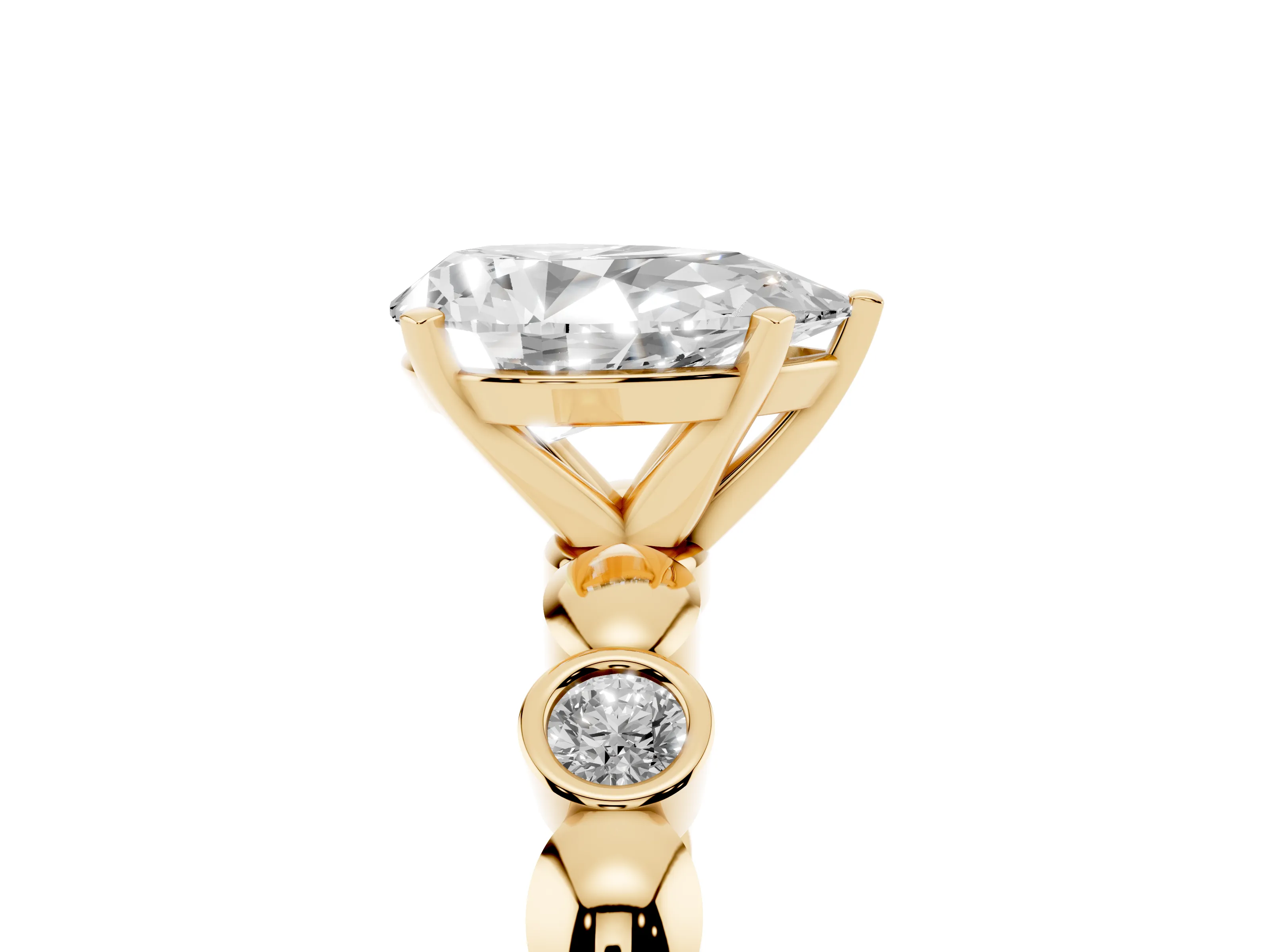 Pear Cut Diamond Solitaire Ring Set in Yellow gold with Bezel-Set Accents on Beaded Band and Prong Setting