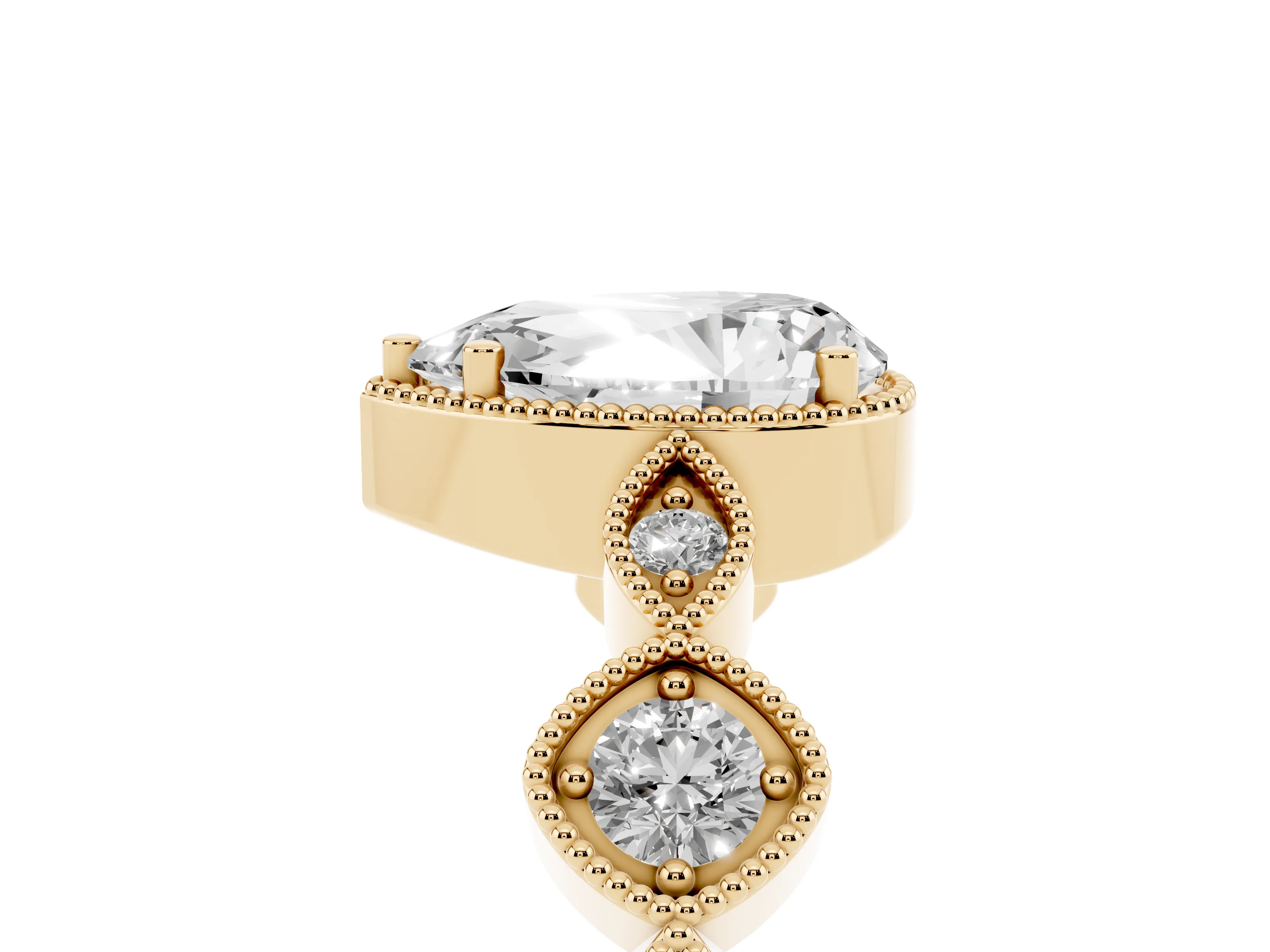 Pear Cut Diamond Vintage-Inspired Milgrain Ring Set in Yellow gold with Marquise Stations of Round Accents