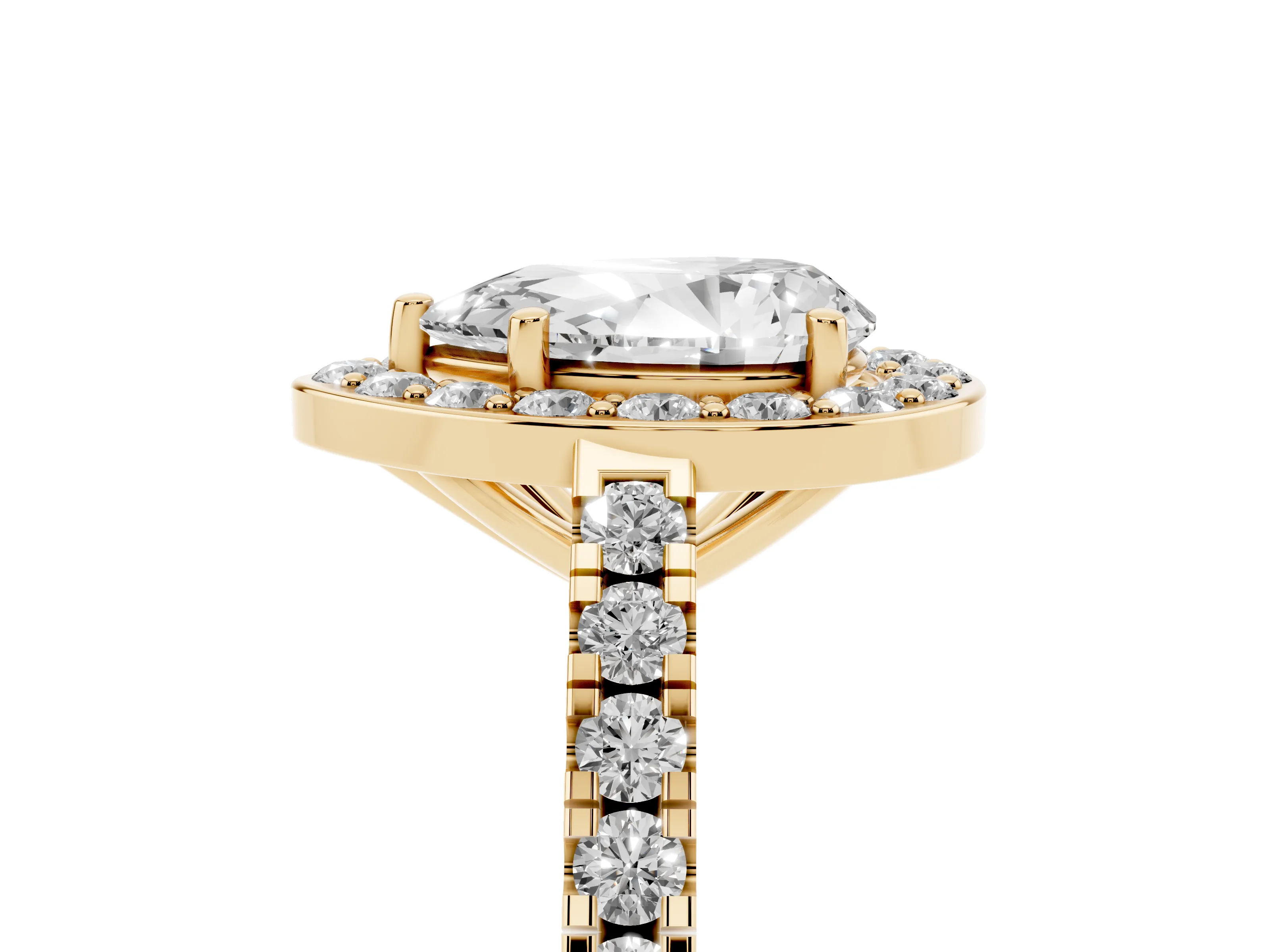 Pear Cut Diamond Halo Ring Set in Yellow gold with Round Pavé Split Shank and Prong Setting