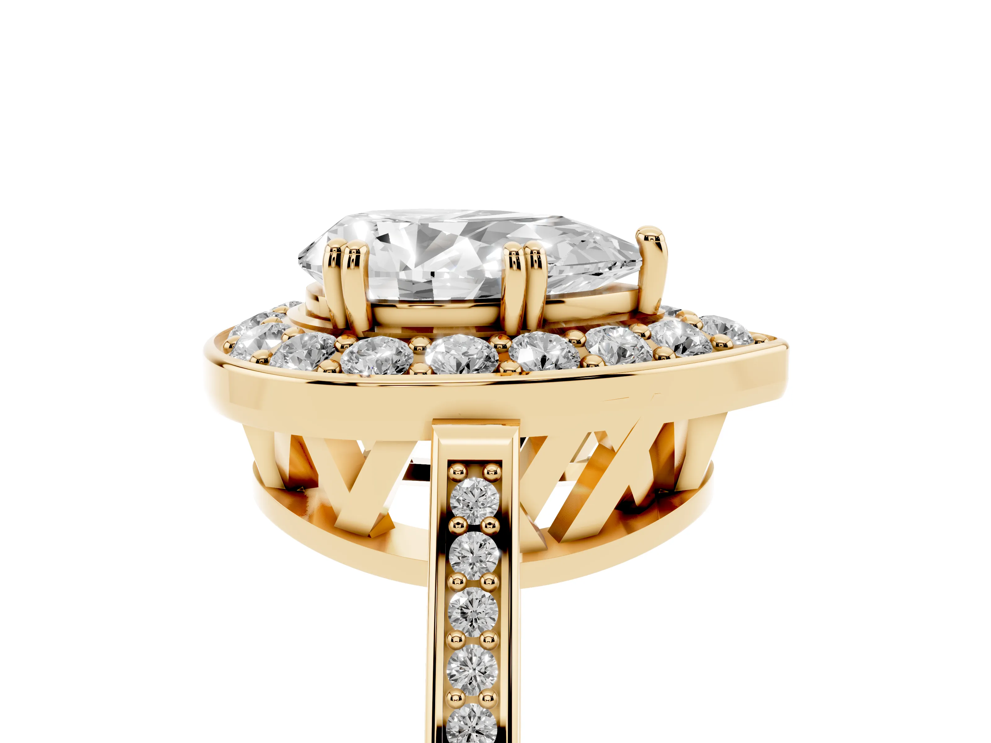 Pear Cut Diamond Halo Ring Set in Yellow gold with Accent-Lined Split Shank and Prong Setting