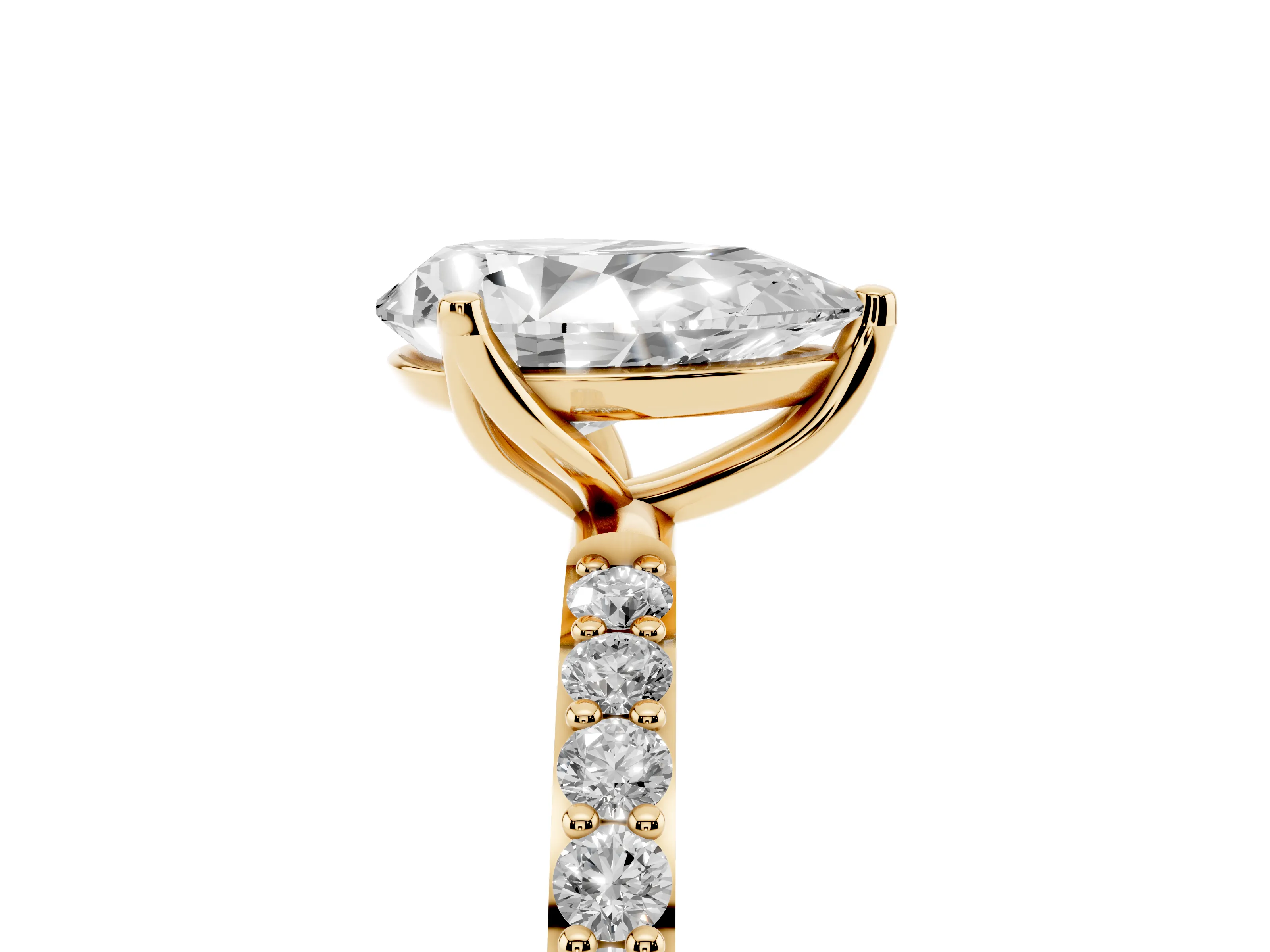 Pear Cut Diamond Solitaire Engagement Ring Set in Yellow gold with Round Pavé Band and Prong Setting
