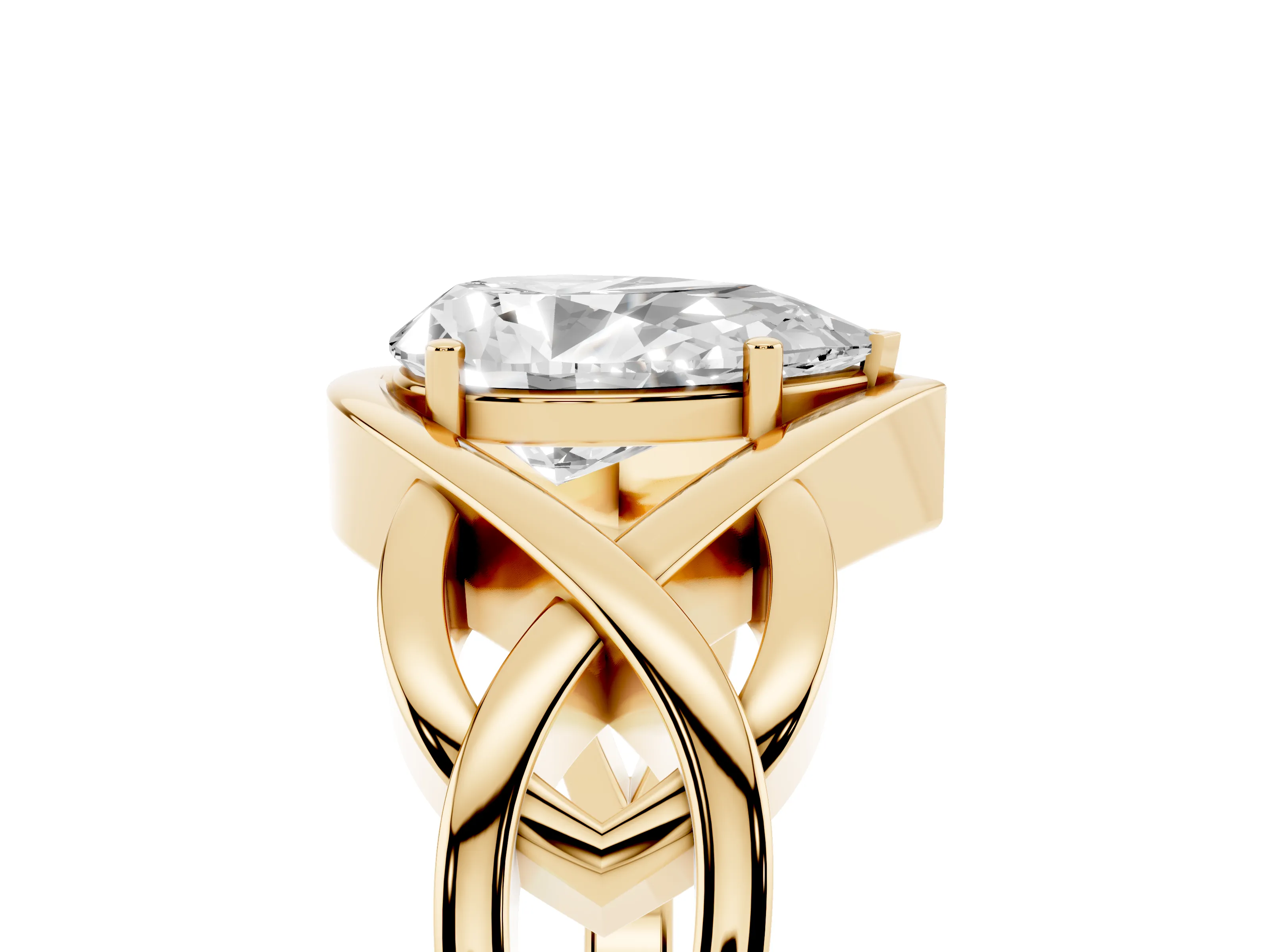 Pear Cut Diamond Solitaire Ring Set in Yellow gold with Intertwined Band