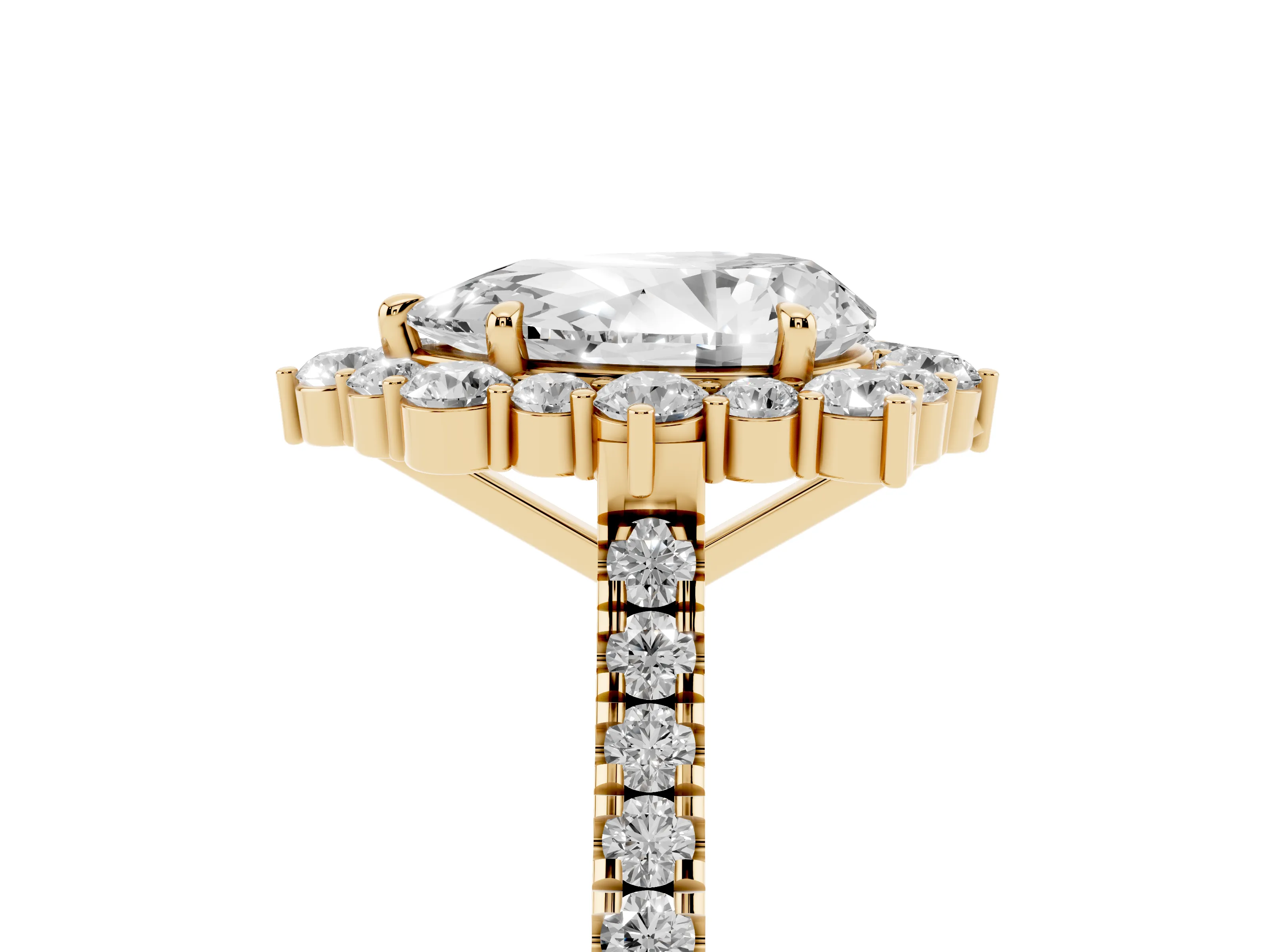 Pear Cut Diamond Halo Ring Set in Yellow gold with Pavé Band and Prong Setting