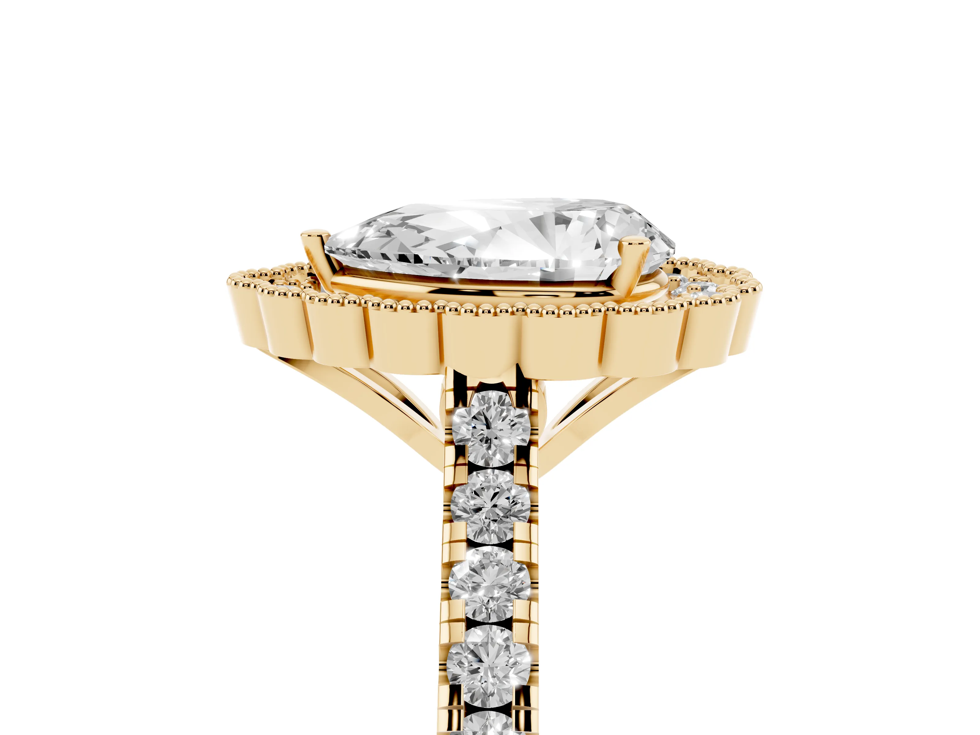 Pear Cut Diamond Milgrain Floral Halo Engagement Ring Set in Yellow gold with Pavé Band