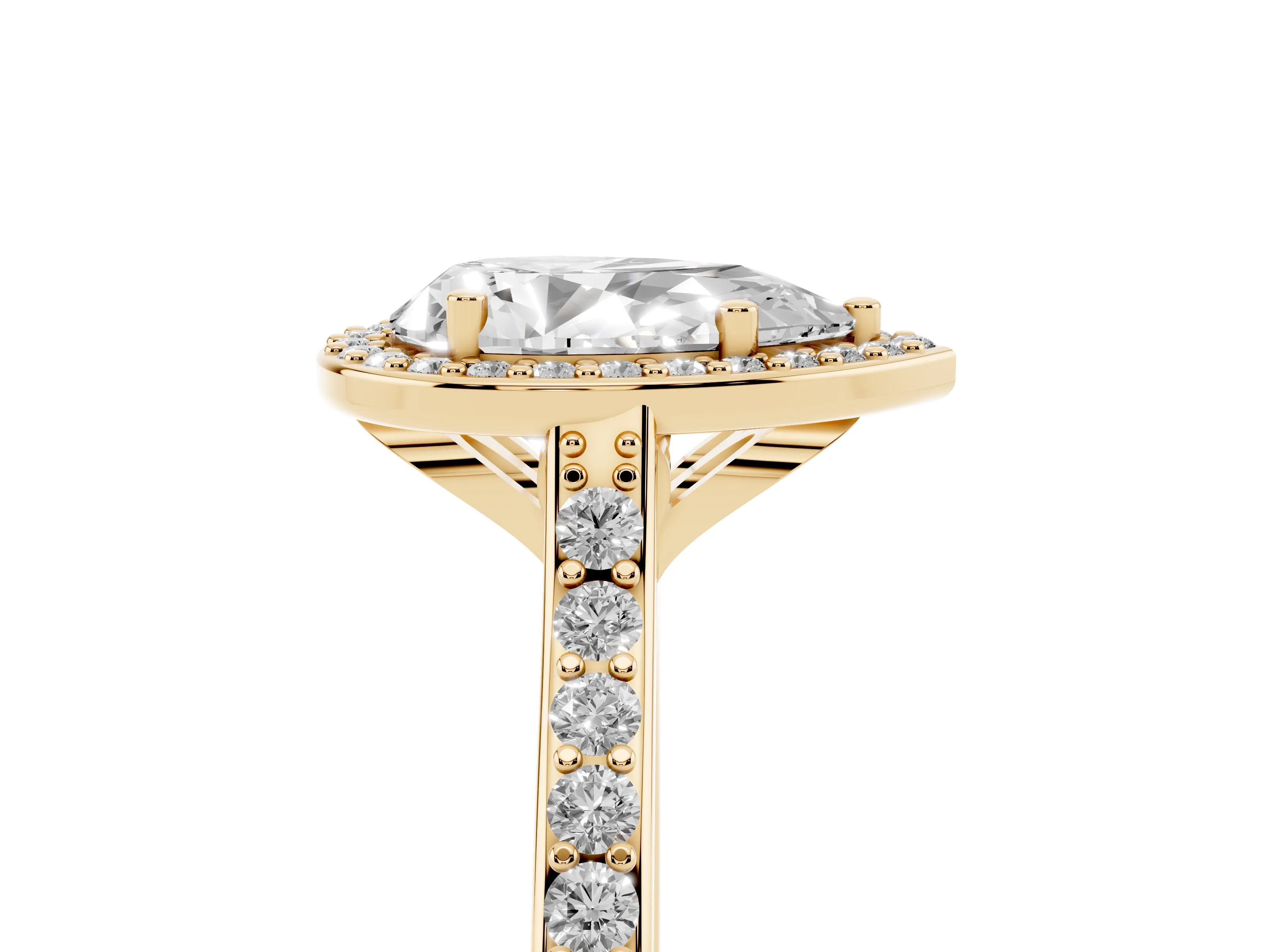 Pear Cut Diamond Halo Engagement Ring Set in Yellow gold with Round Pavé Shoulders and Heart Gallery
