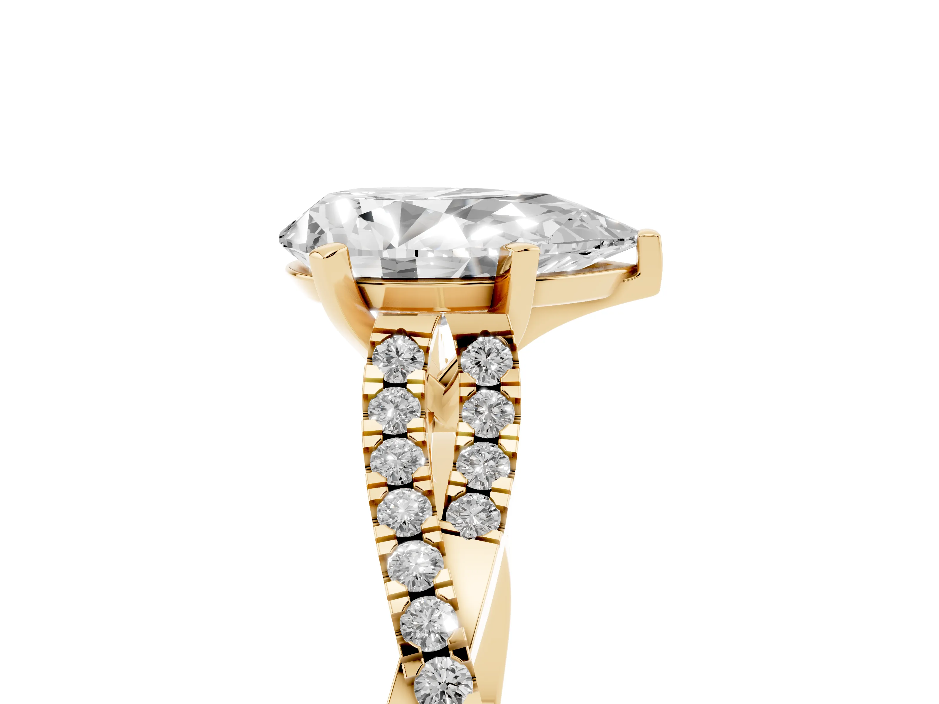 Pear Cut Diamond Solitaire Engagement Ring Set in Yellow gold with Twisted Pavé Band and Prong Setting