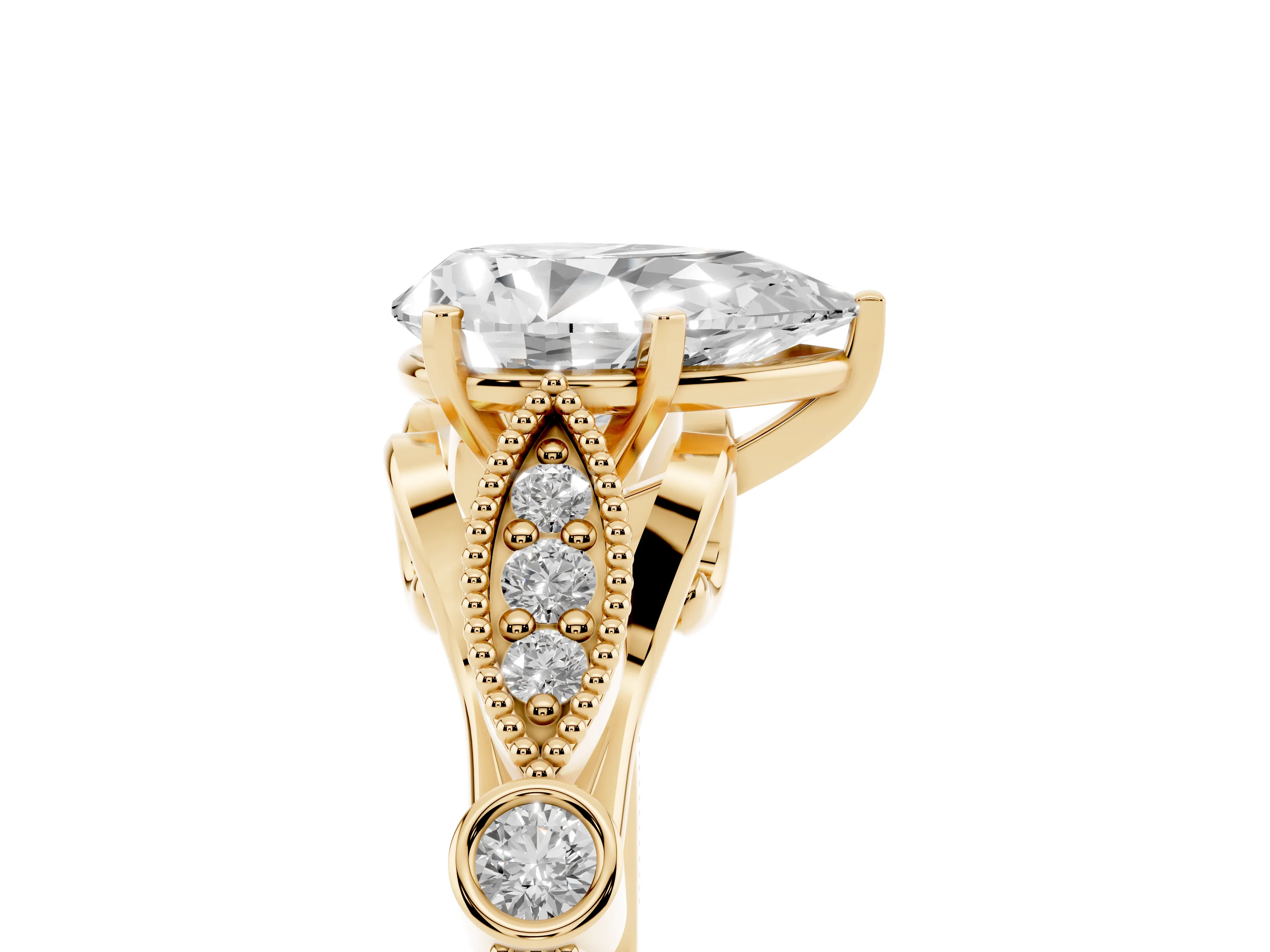 Pear Cut Diamond Solitaire Ring Set in Yellow gold with Milgrain Marquise and Bezel Accents